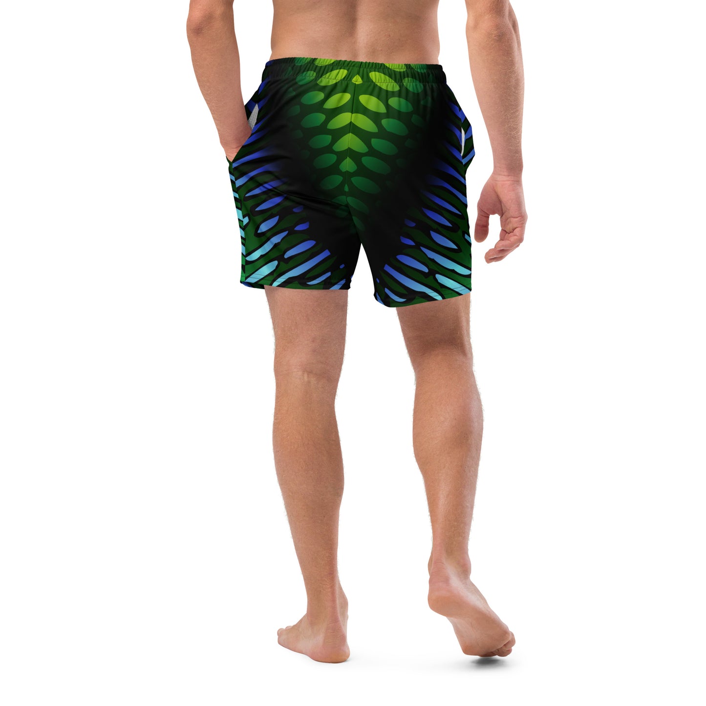 Male model wearing the Betta Yak Mens swim trunks in blue and green from the rear.