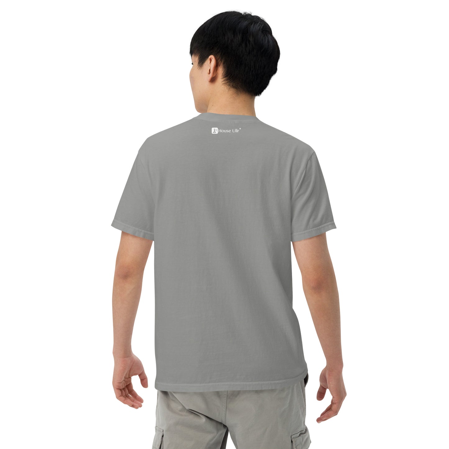 Man Modeling the House Ullr graphic in white on a grey t-shirt from the back.