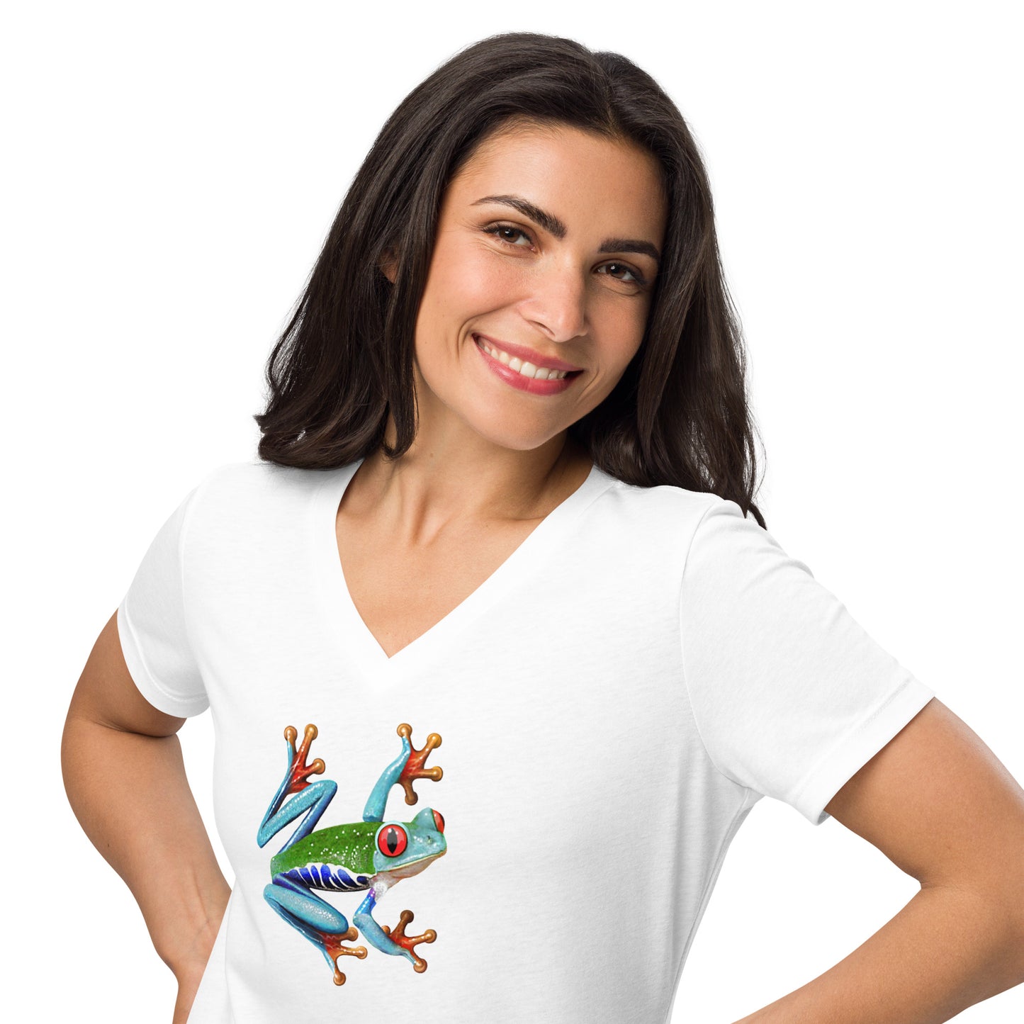 Female model wearing the v-neck anura Sigma womens relaxed t-shirt in white in a close-up from the front.