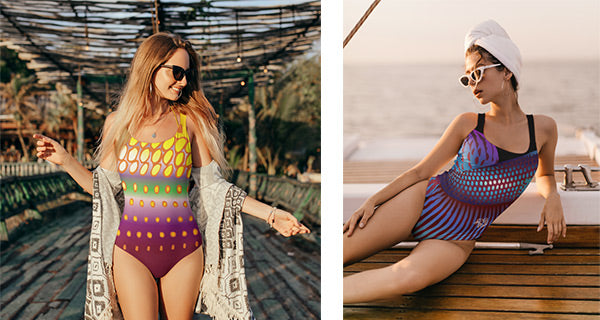 Split images of a woman on the left wearing the Betta Jai with sunglasses, and a woman on the right, reclining on a boat, wearing the Batta Ka.