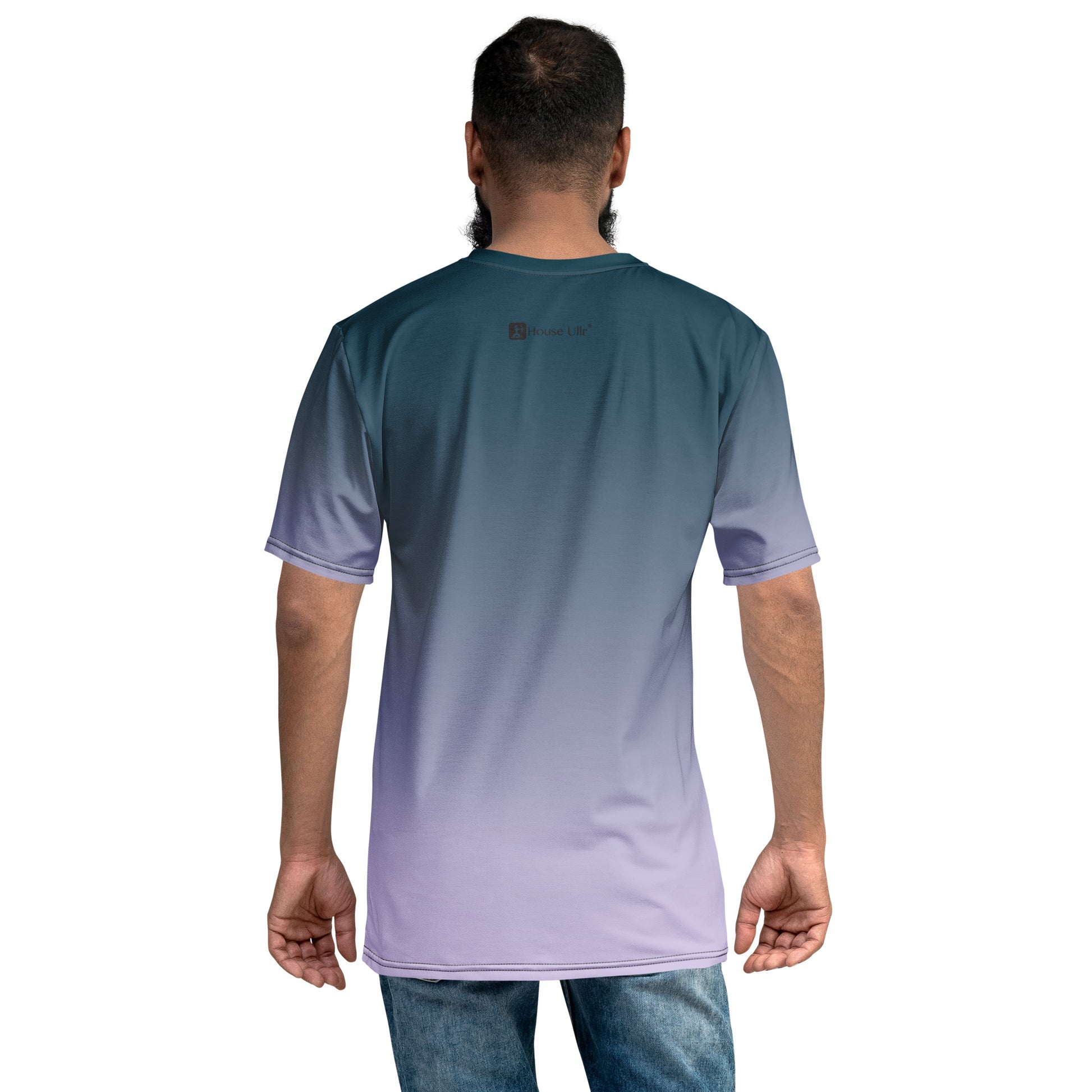 Man modeling the Key West Cannabis Company Brand T-shirt from the back with small house Ullr brand mark on a gradient background.