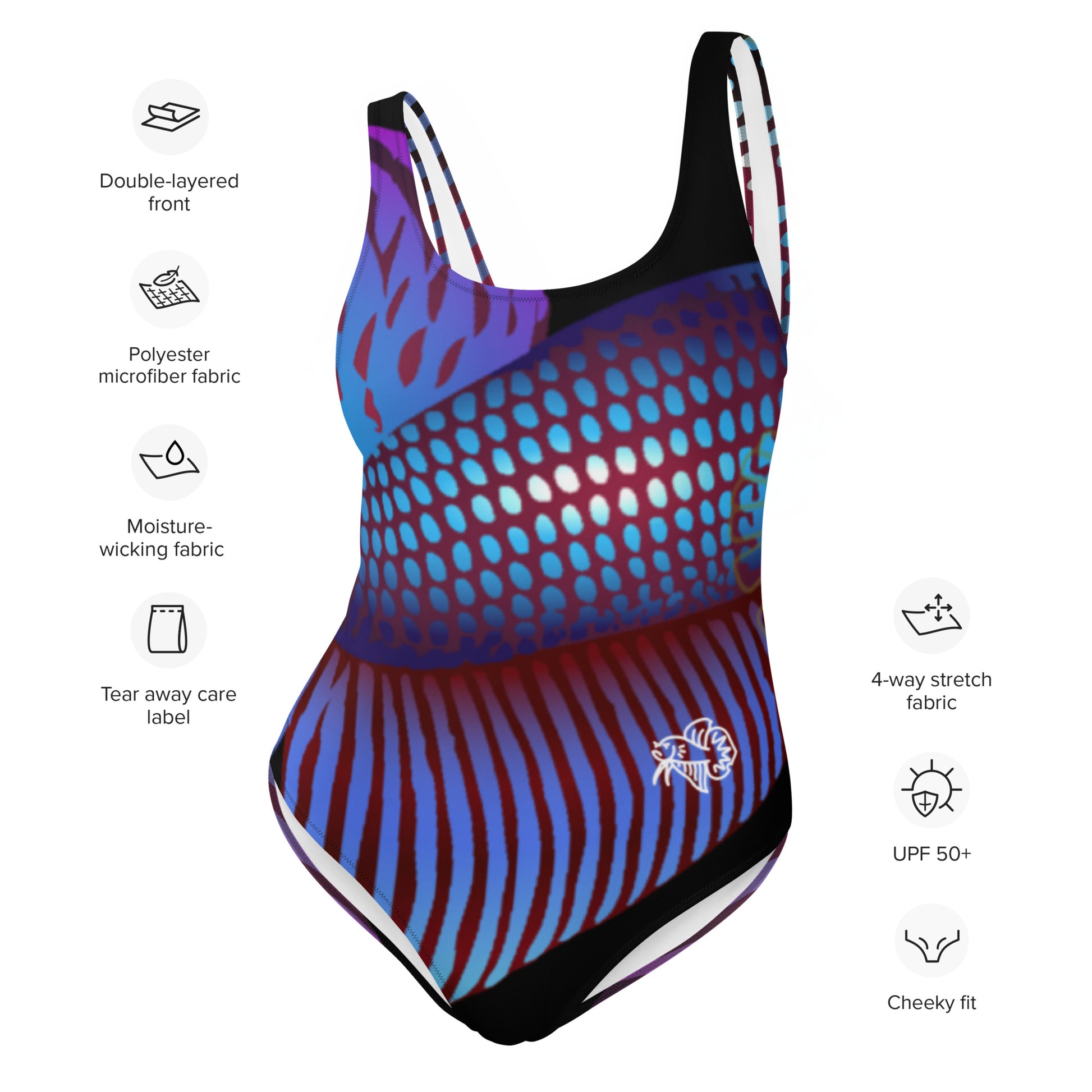 Hollow image of the Betta Ka one piece swimsuit in purples, reds, and blue patterns including  with features listed..