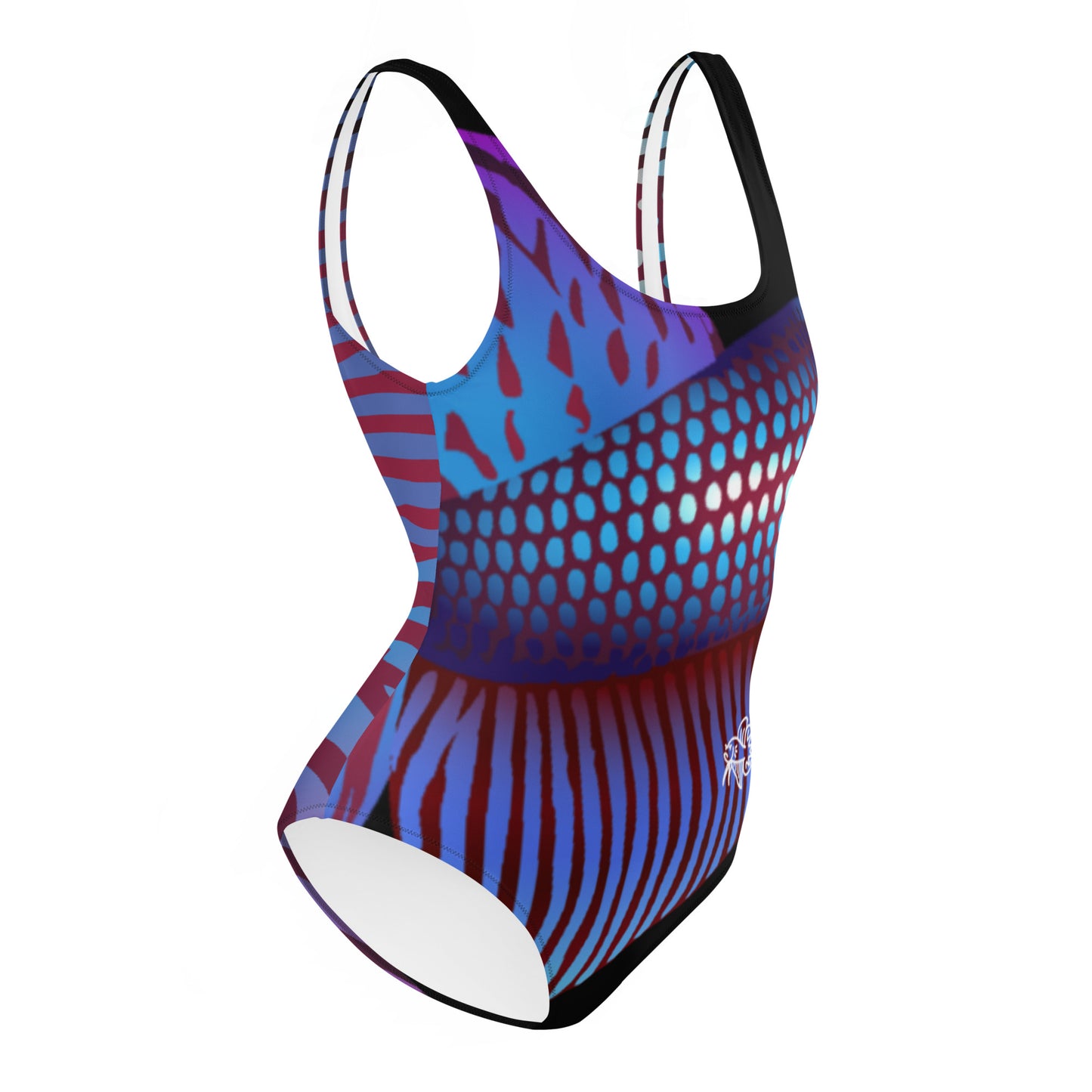 Hollow image of the Betta Ka 1 piece swimsuit in purples, reds, and blue patterns from the right front.