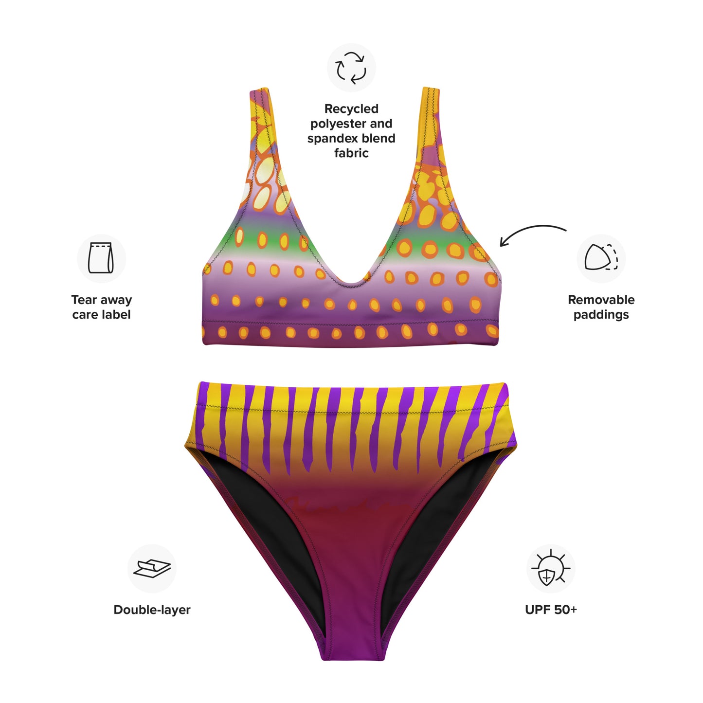 Flat image of Bikini with feature and icons.