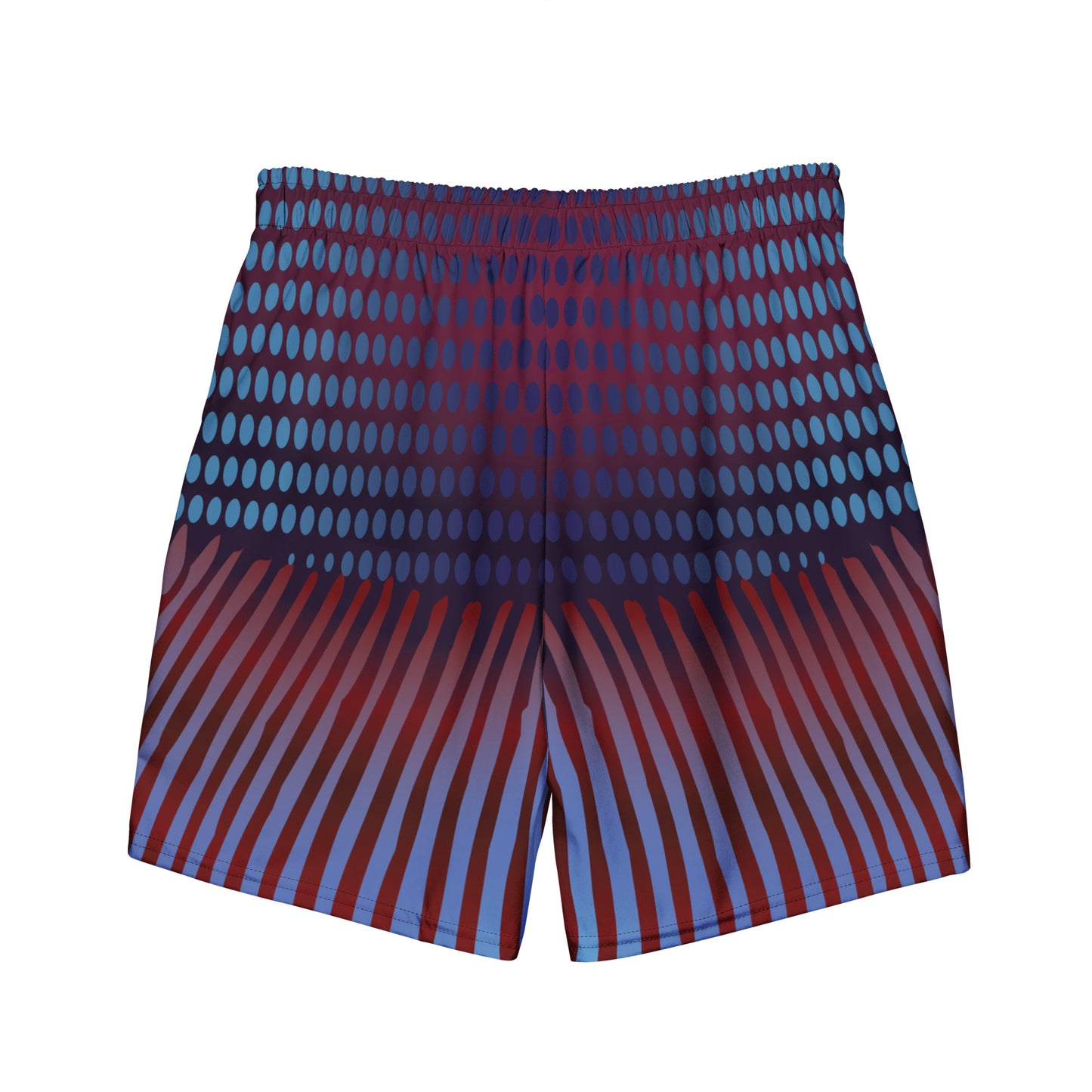 Betta Kang Swim trunks from the back in Blues, Purples, and Deep Reds.
