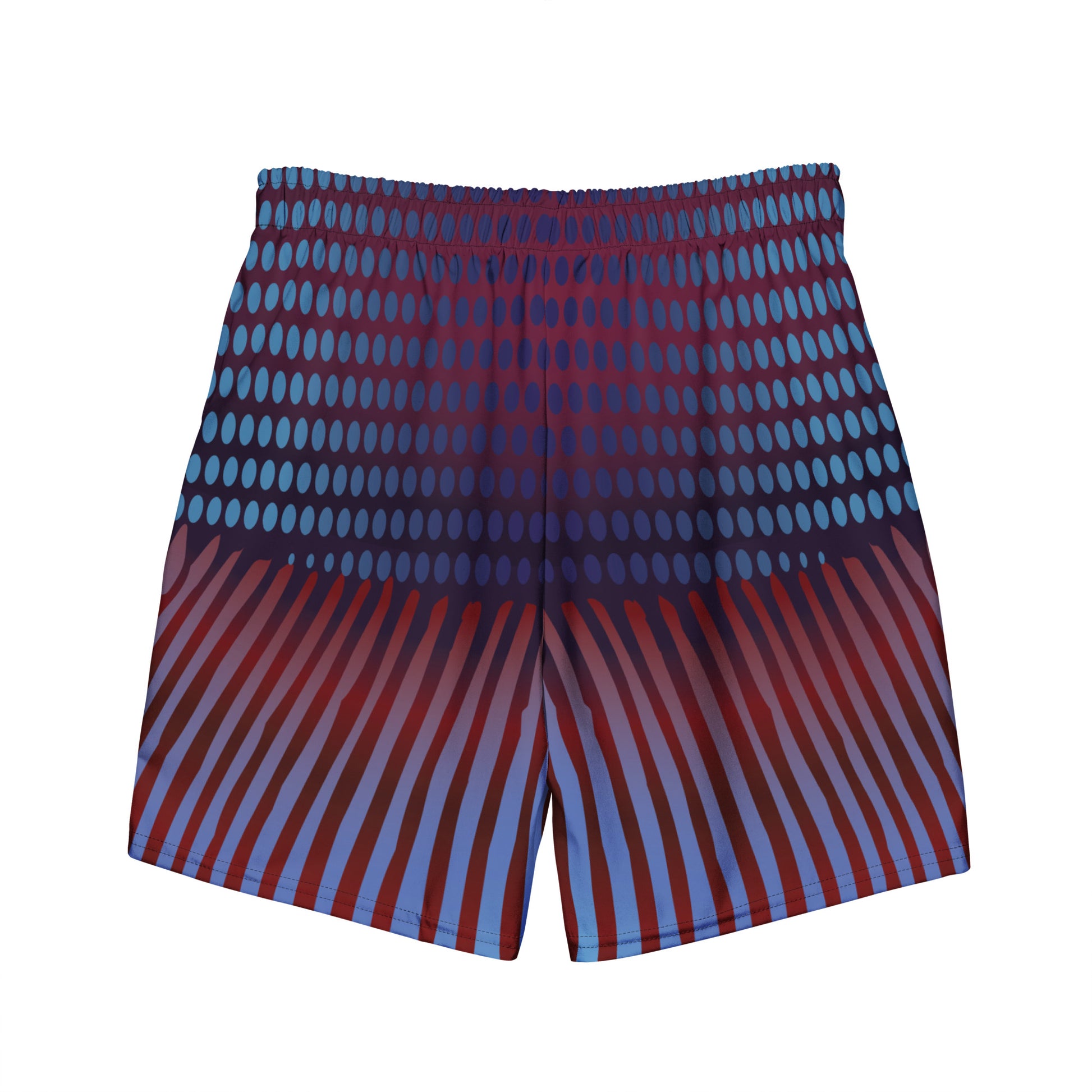 Betta Kang Swim trunks from the back in Blues, Purples, and Deep Reds.