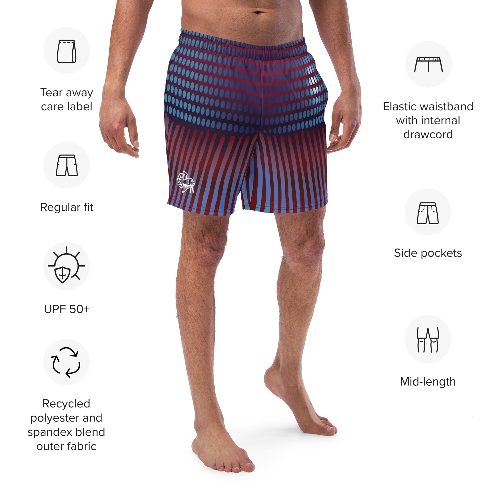 Close up of Man modeling the Betta Kang Swim trunks from the front-side in Blues, Purples, and Deep Reds with features listed.