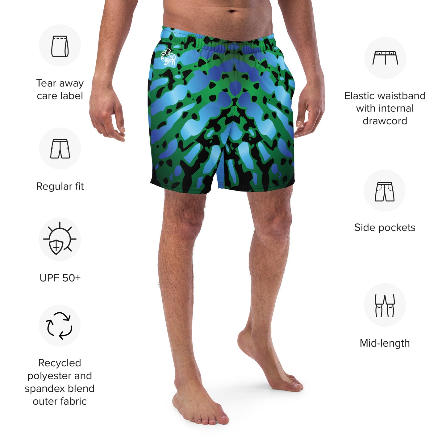 Close up of Man modeling the Betta Muay Swim trunks from the front-side in Blues, Greens, and Black, with features listed.