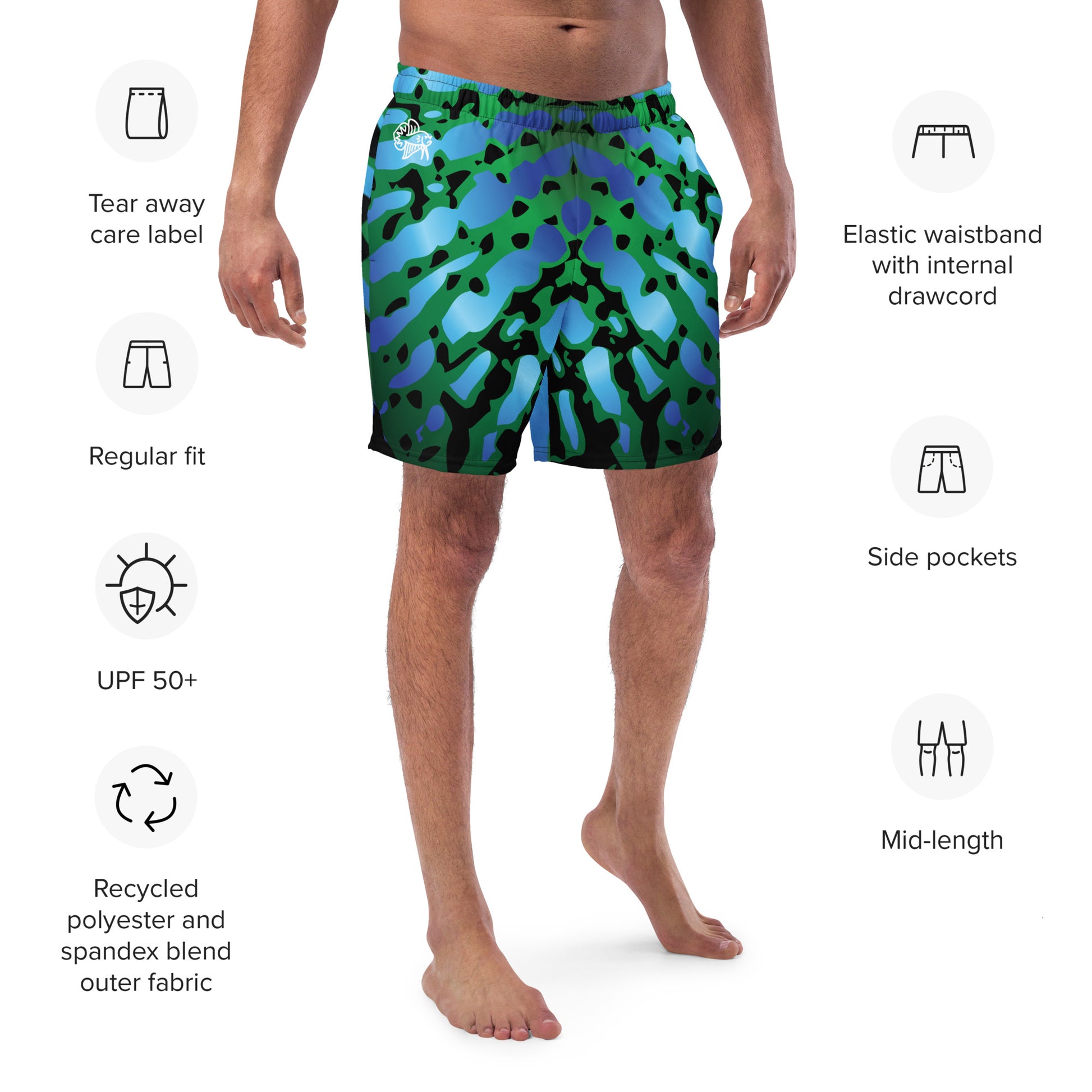 Close up of Man modeling the Betta Muay Swim trunks from the front-side in Blues, Greens, and Black, with features listed.