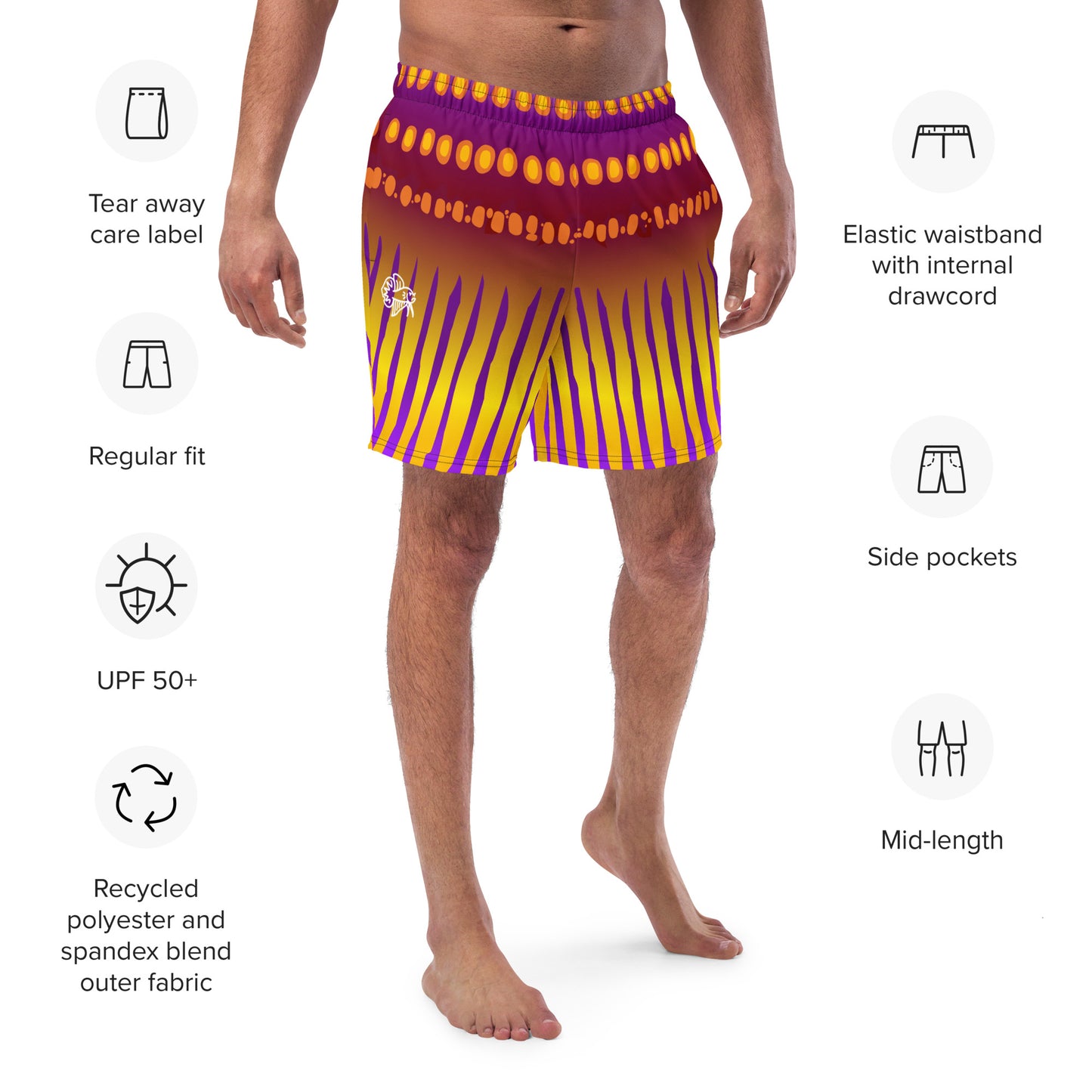 Man modeling the Betta Jet Swim trunks from the front-side in purples, oranges, yellows, and maroon, with features listed.