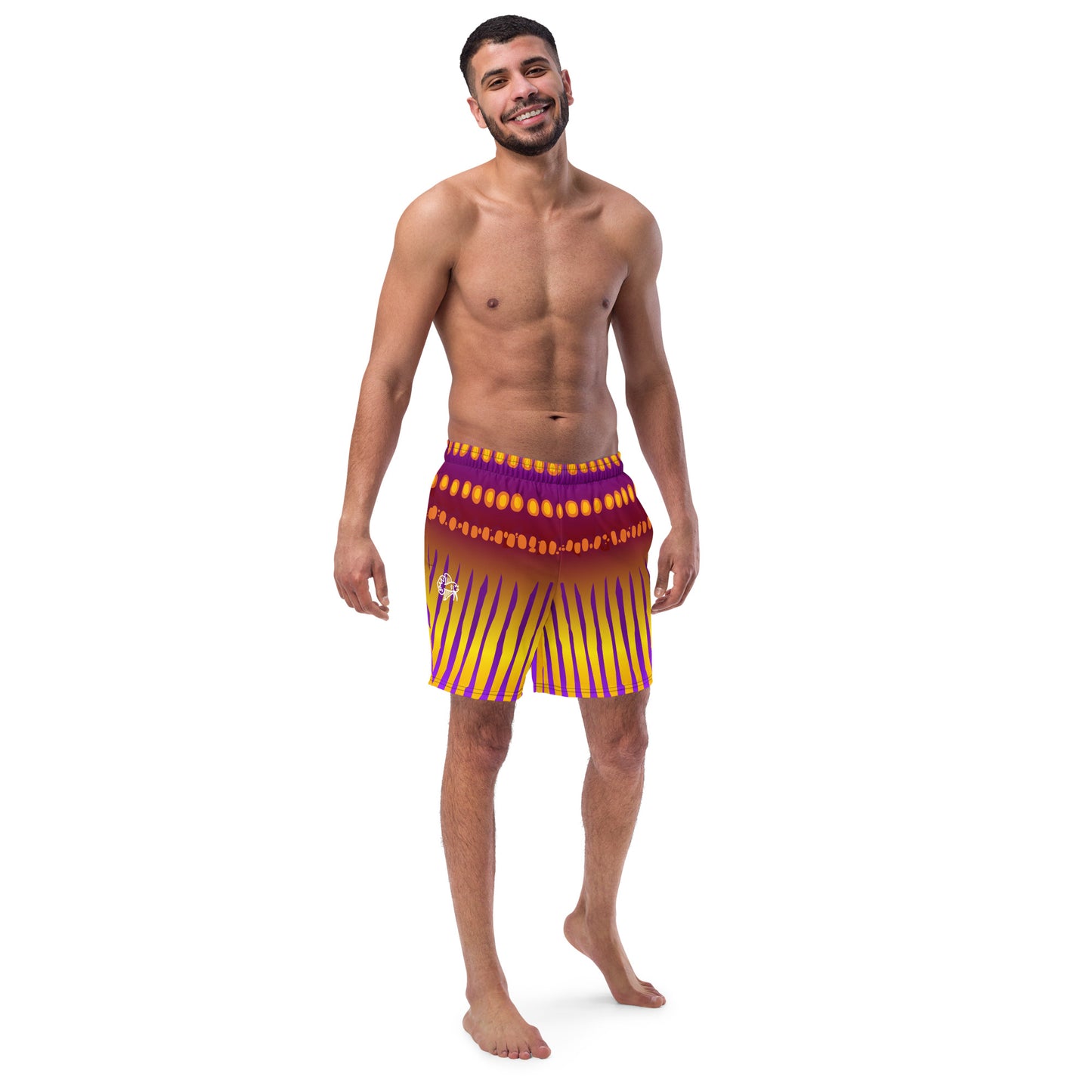 Man modeling the Betta Jet Swim trunks from the front in purples oranges yellows and maroon.