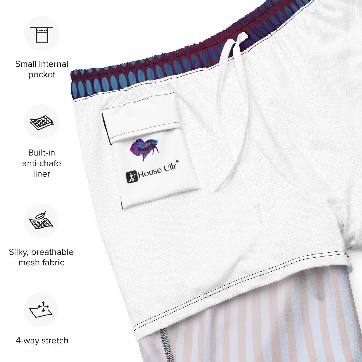 Inside Detail of the Betta Kang Swim trunks with Features Listed