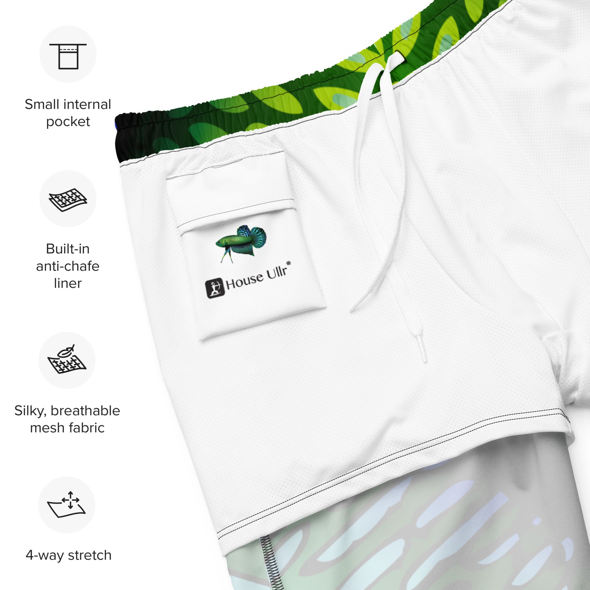 Inner details of the Betta Yak Mens swim trunks in blue and green from the inside.