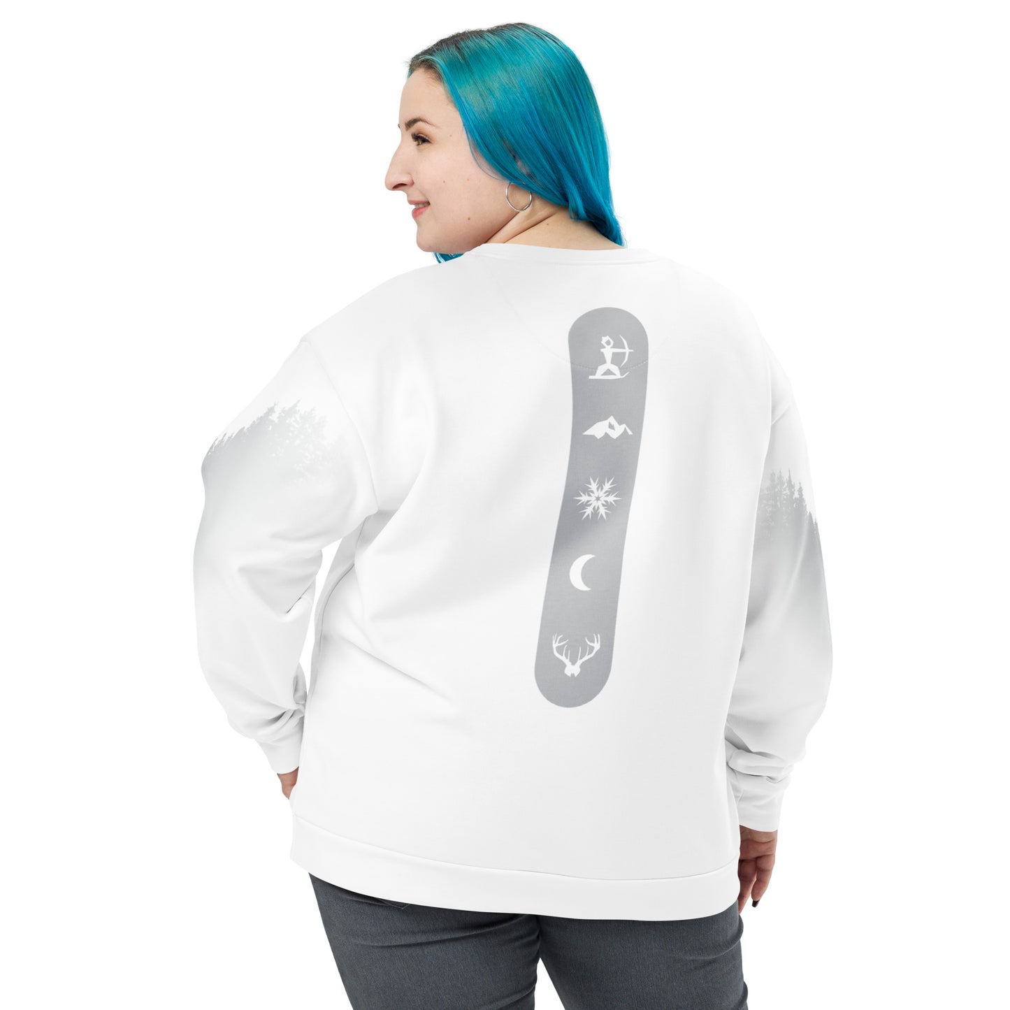 Female model wearing the Last Chair Sweat Shirt, shown from the back with "House Story" graphic.