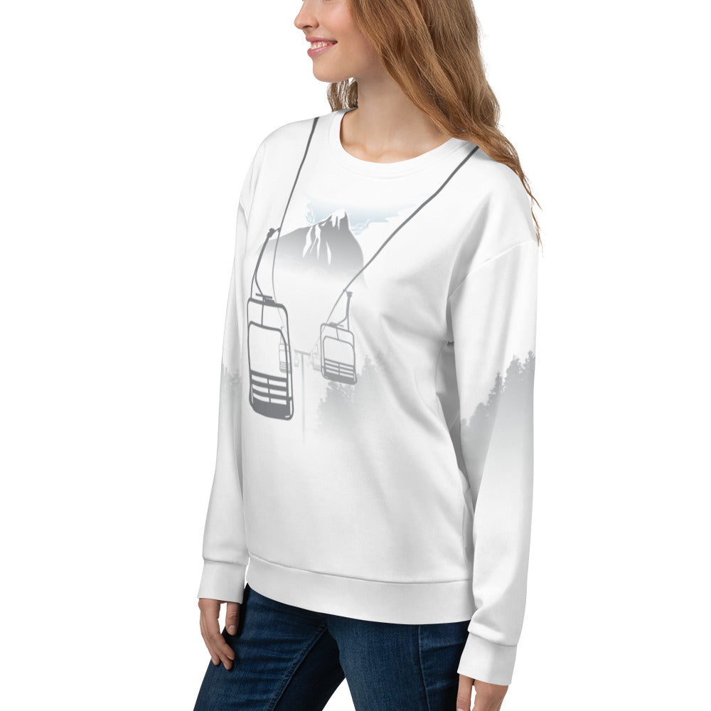 Female model wearing the Last Chair Sweat Shirt, shown from the right front.