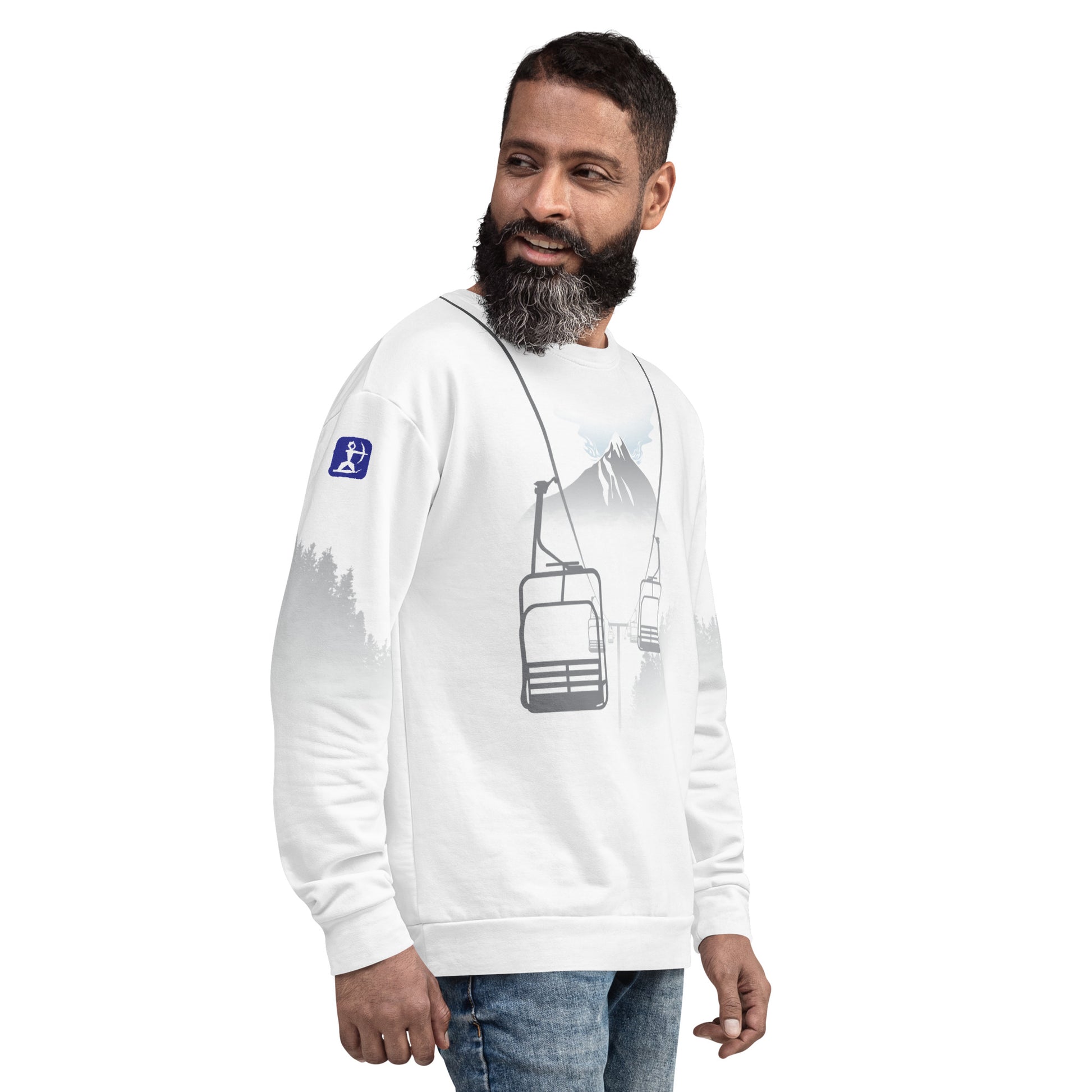 Male model wearing the Last Chair Sweat Shirt, shown from the front left showing the House Ullr logo.