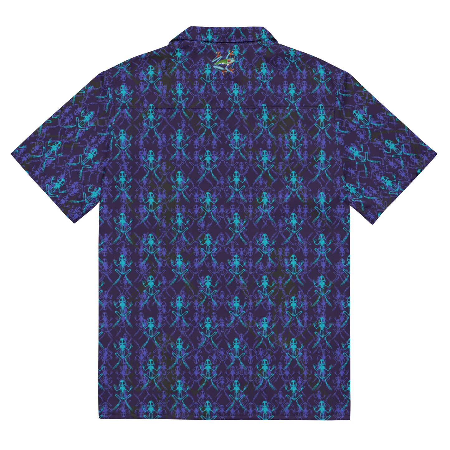 Back view of the Anura Zeta Button down shirt laid flat with purple black and turquoise frog bones.