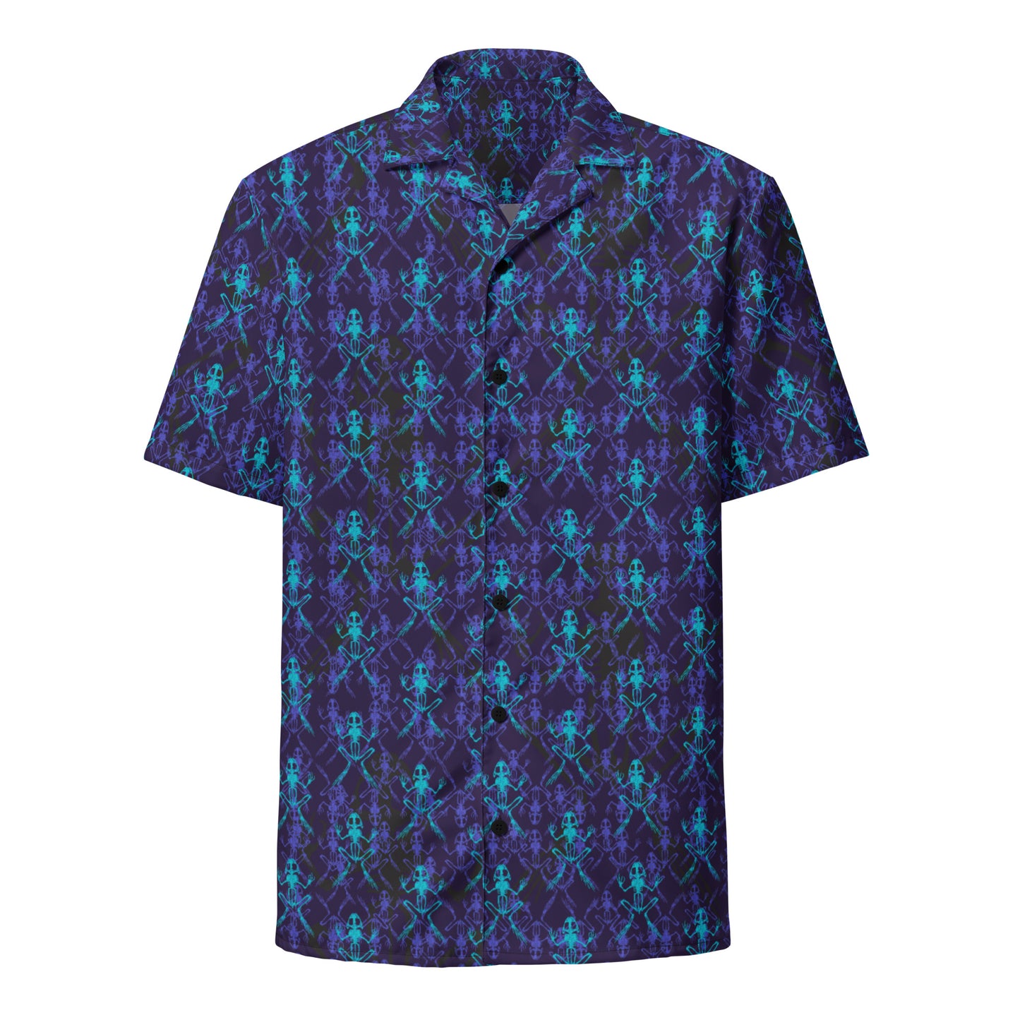 Front view of the Anura Zeta Button down shirt with purple black and turquoise frog bones.