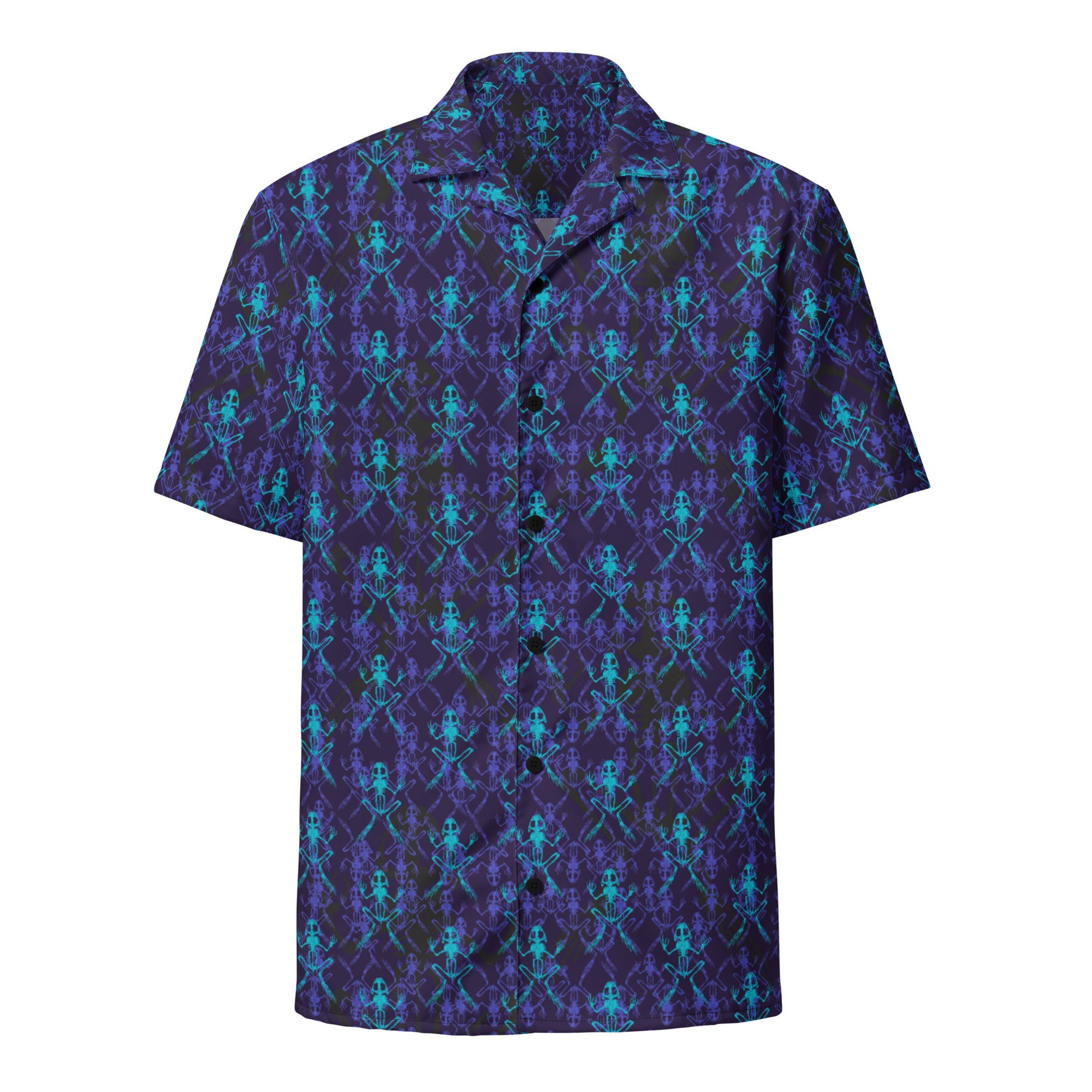 Front view of the Anura Zeta Button down shirt with purple black and turquoise frog bones.