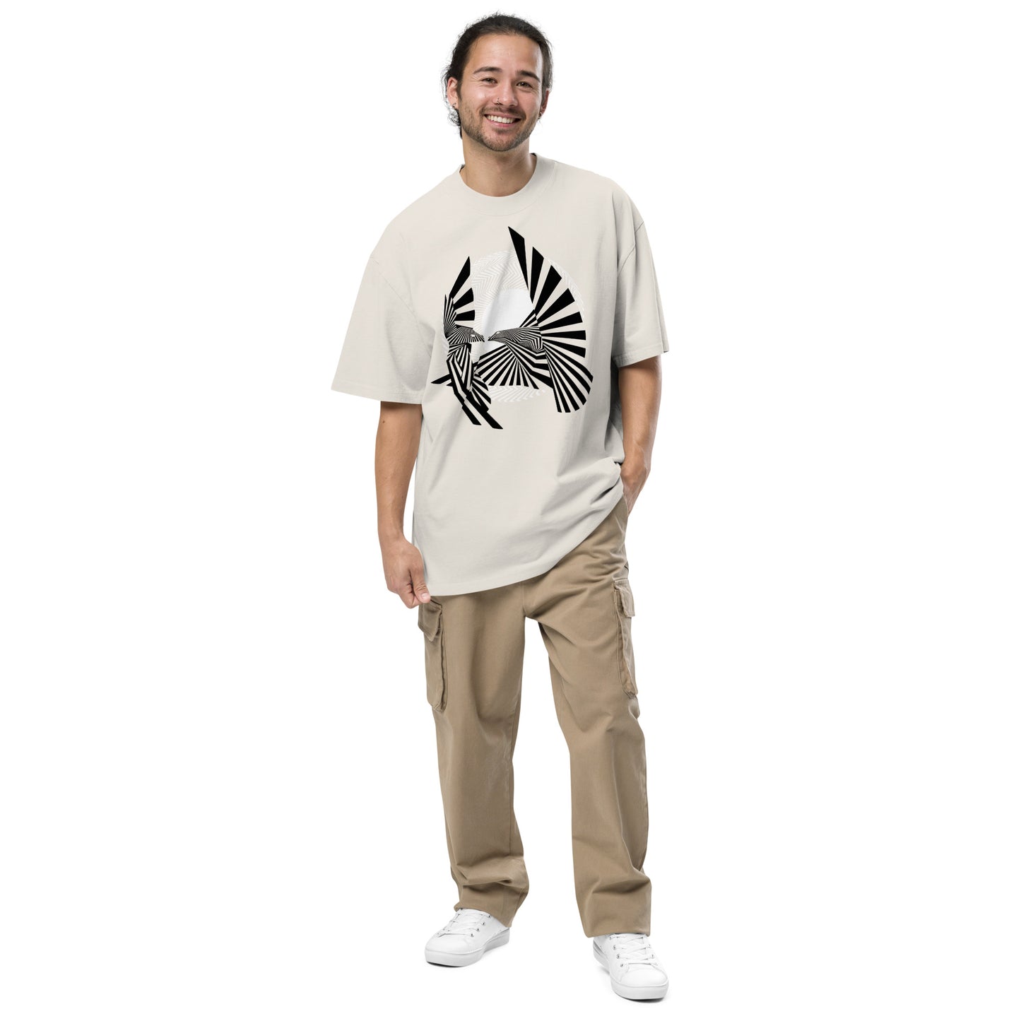 Dude Modeling the Birds of Peace Oversize T-shirt from the front in faded bone color.