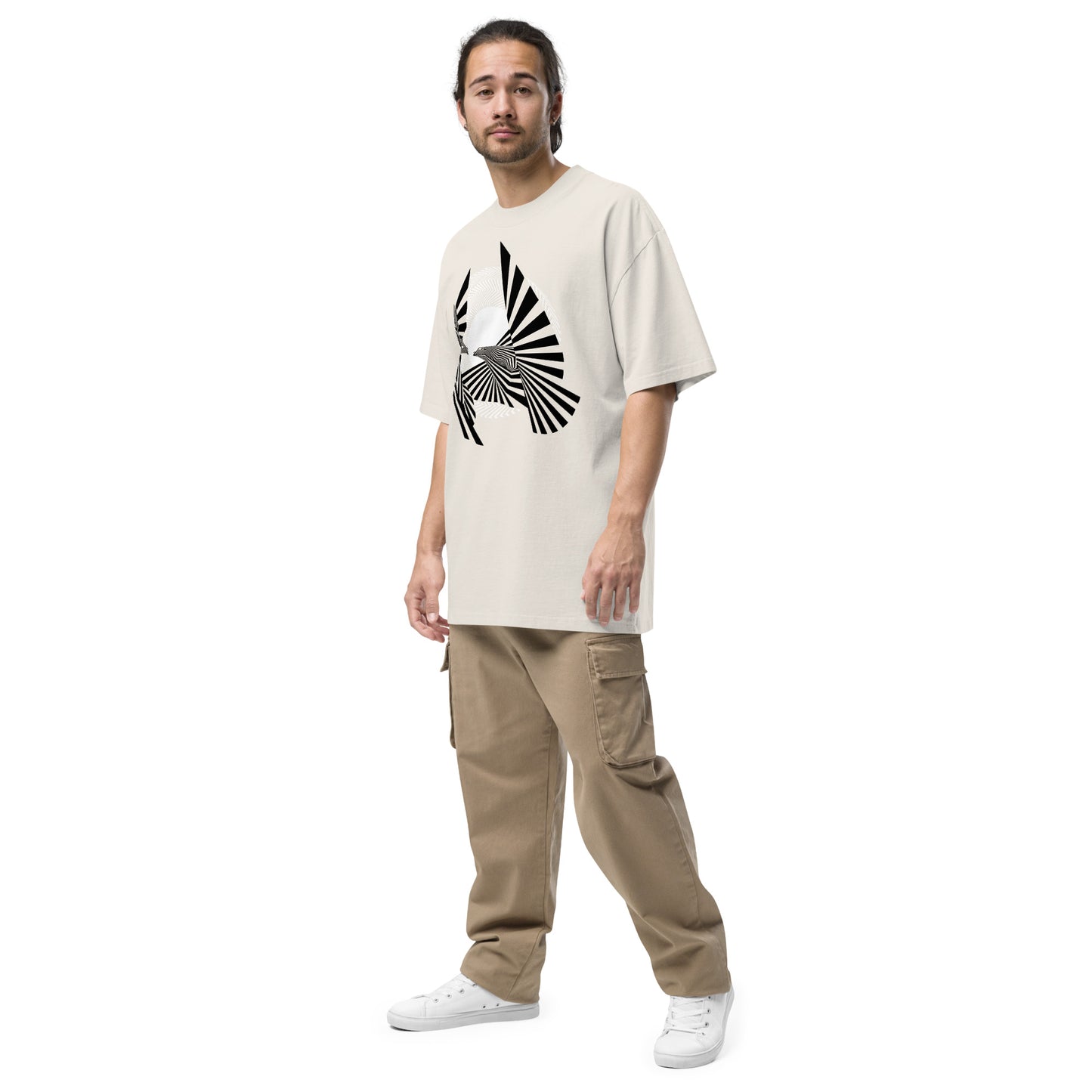 Dude Modeling the Birds of Peace Oversize T-shirt from the front-right in faded bone color.