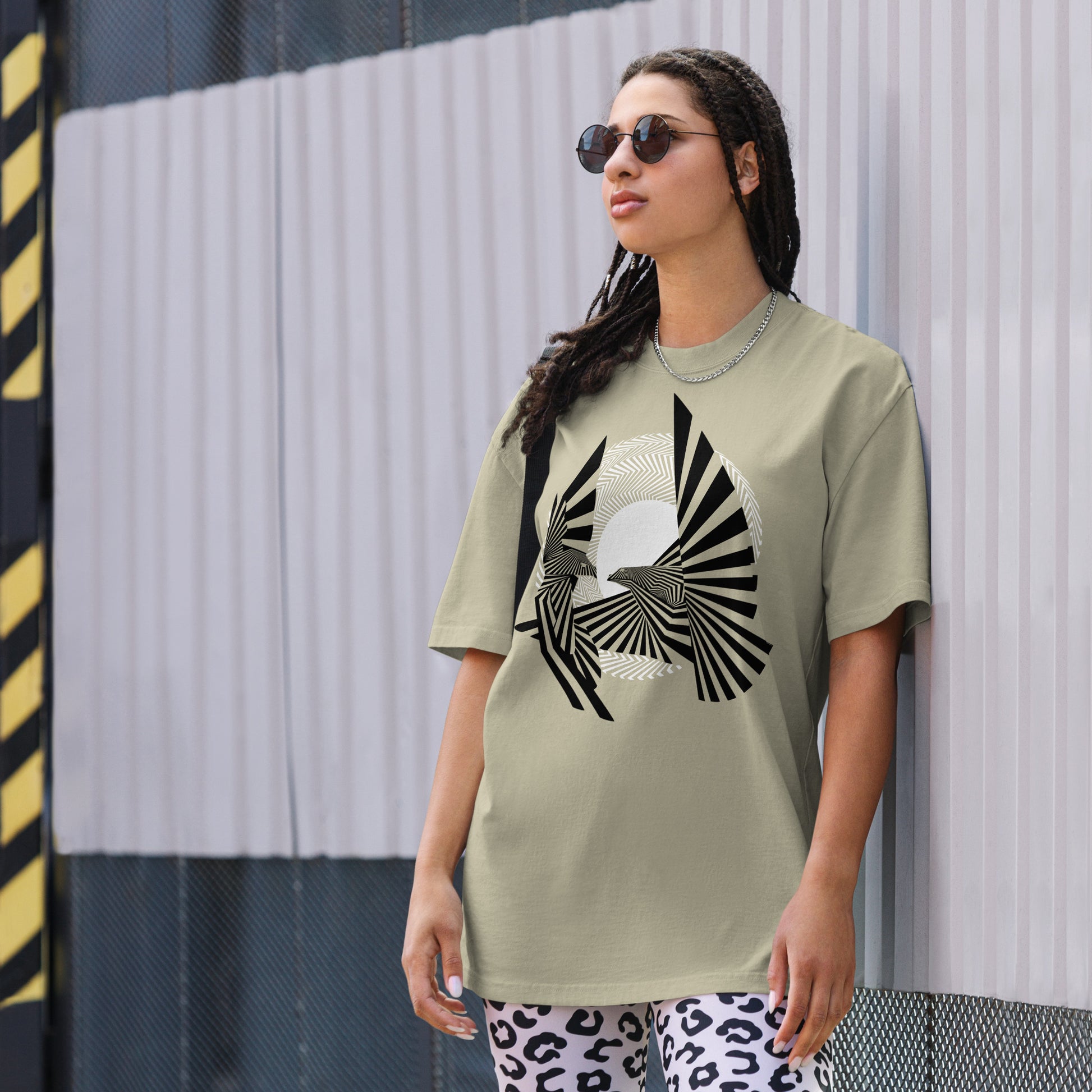 Girl Dude Modeling the Birds of Peace Oversize T-shirt from the front.