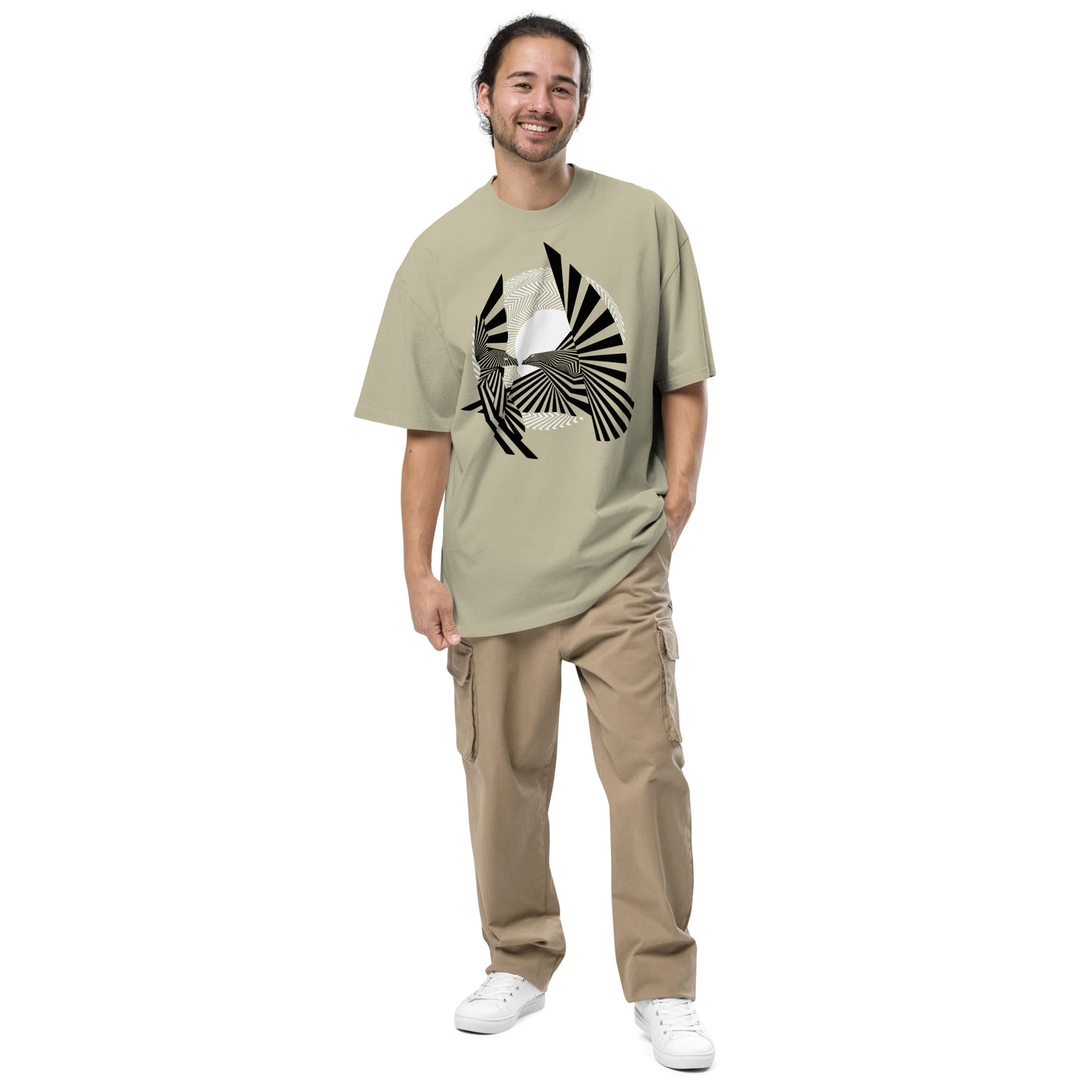 Dude Modeling the Birds of Peace Oversize T-shirt from the front in faded eucalyptus color.