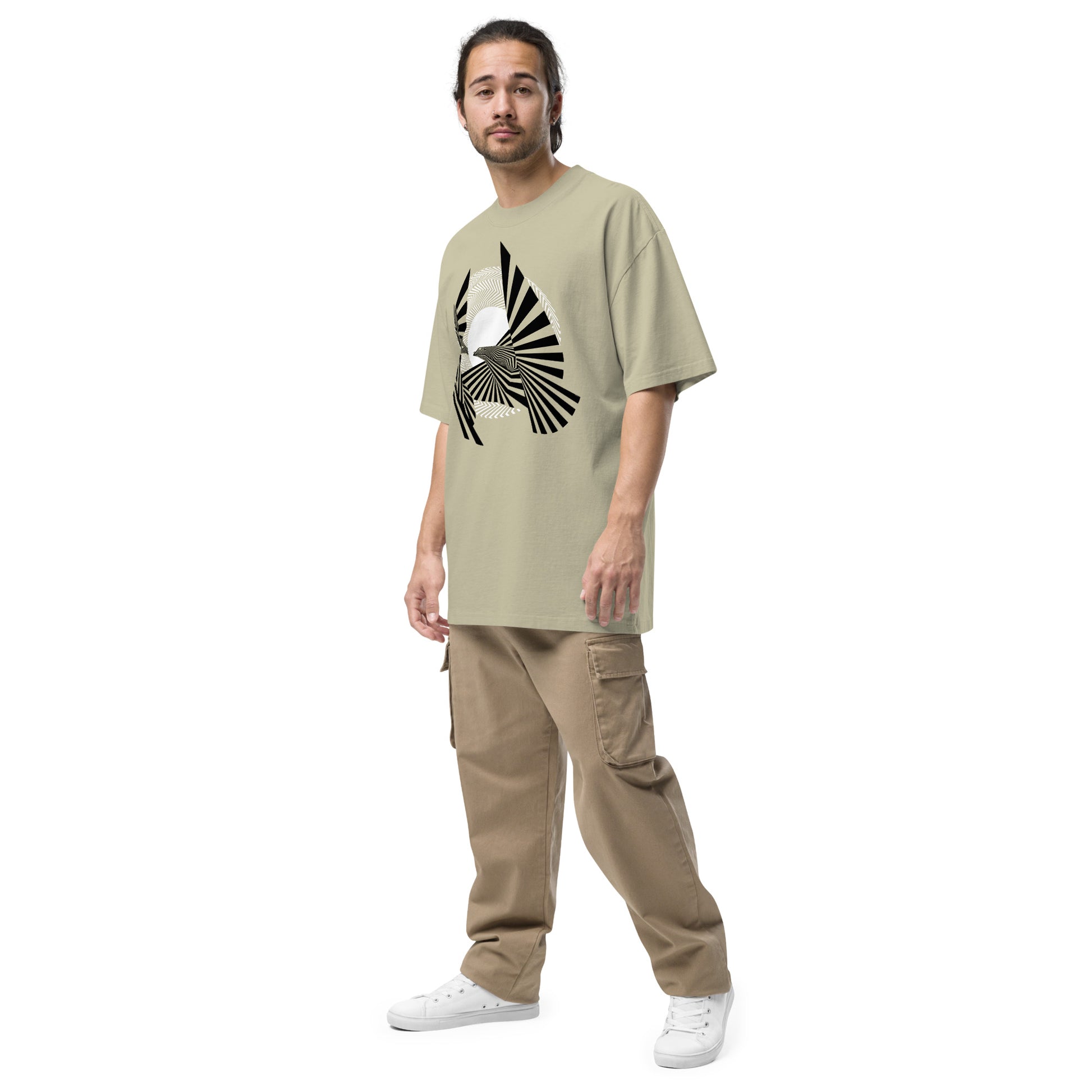Dude Modeling the Birds of Peace Oversize T-shirt from the front right in faded eucalyptus color.