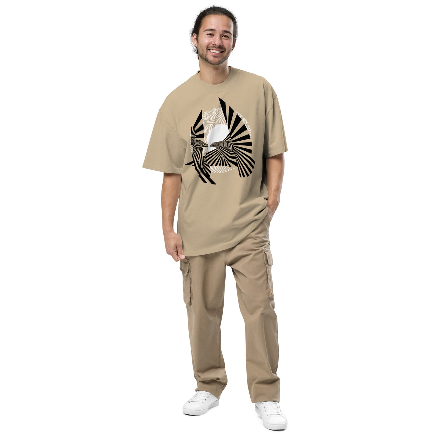 Dude Modeling the Birds of Peace Oversize T-shirt from the front in faded eucalyptus color.