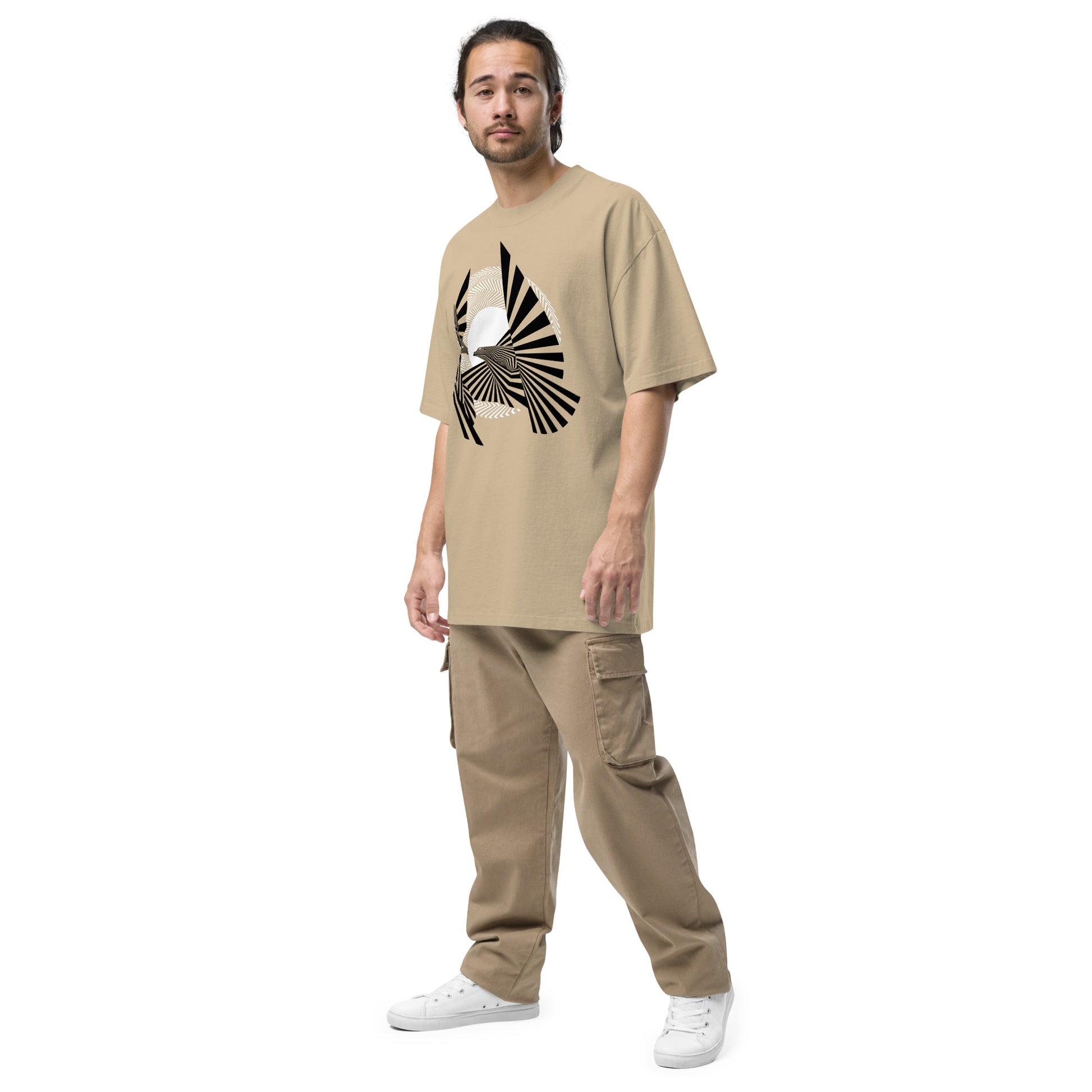 Dude Modeling the Birds of Peace Oversize T-shirt from the right front in faded khaki color.