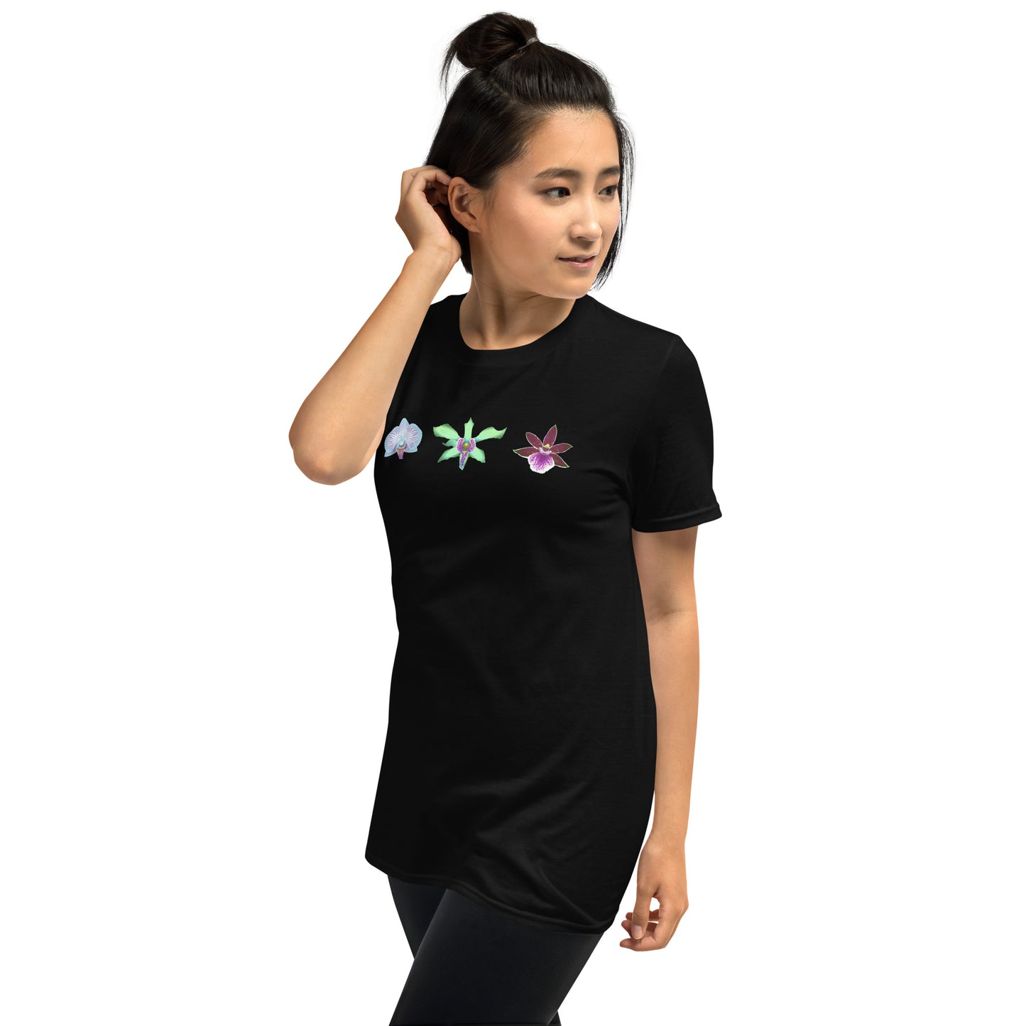 Model wearing the Triple Orchid T-Shirt in black from the right front.