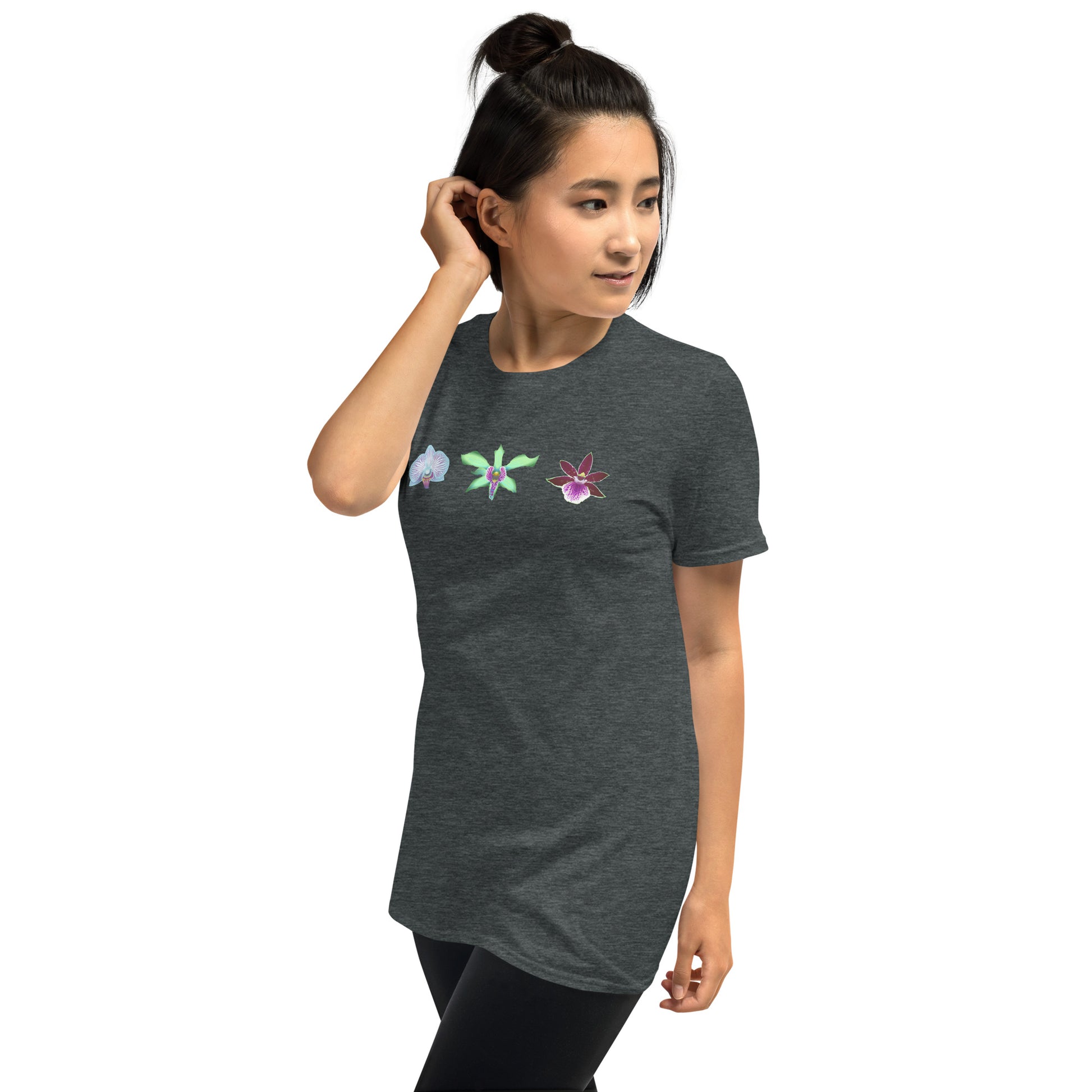 Model wearing the Triple Orchid T-Shirt in dark heather from the right front.