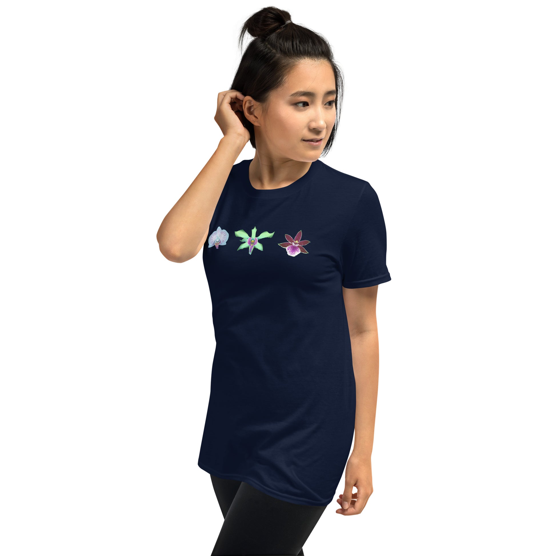 Model wearing the Triple Orchid T-Shirt in navy from the right front.