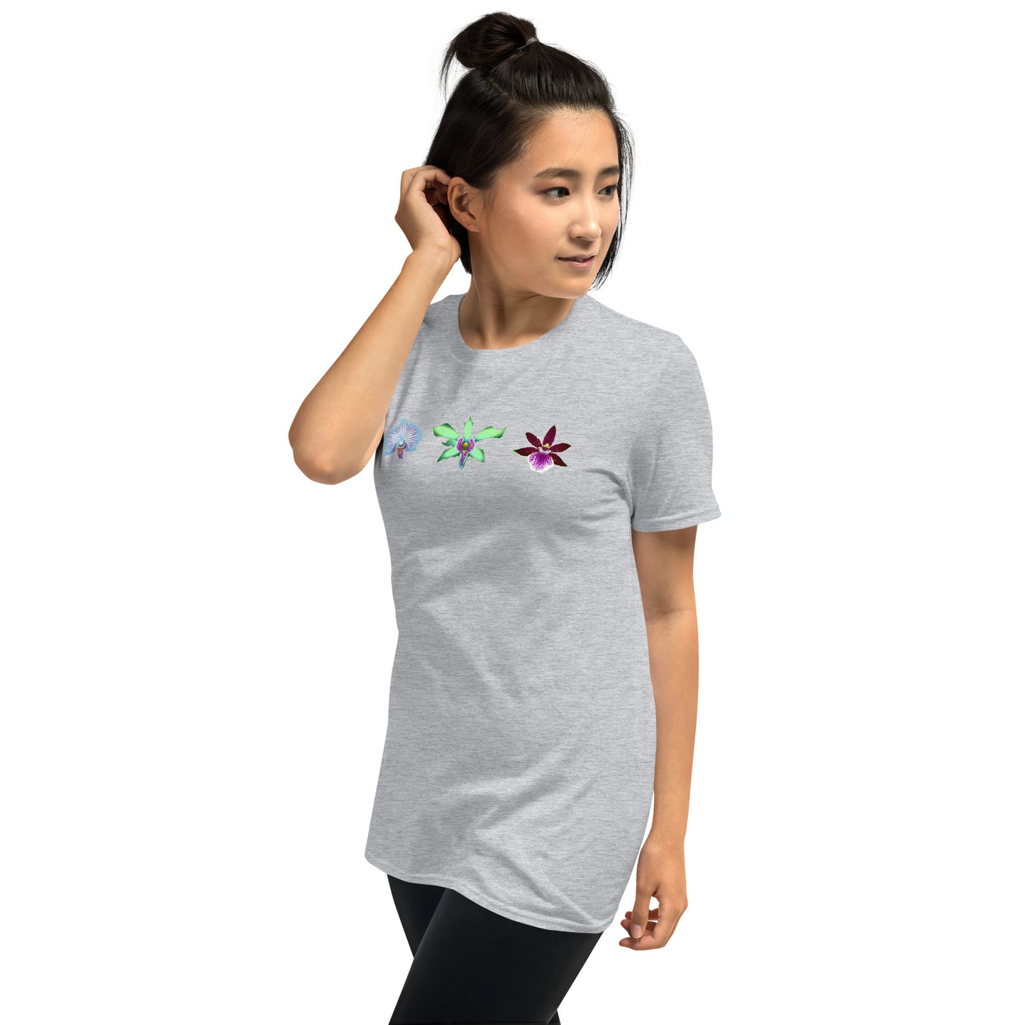 Model wearing the Triple Orchid T-Shirt in sport grey from the right front.