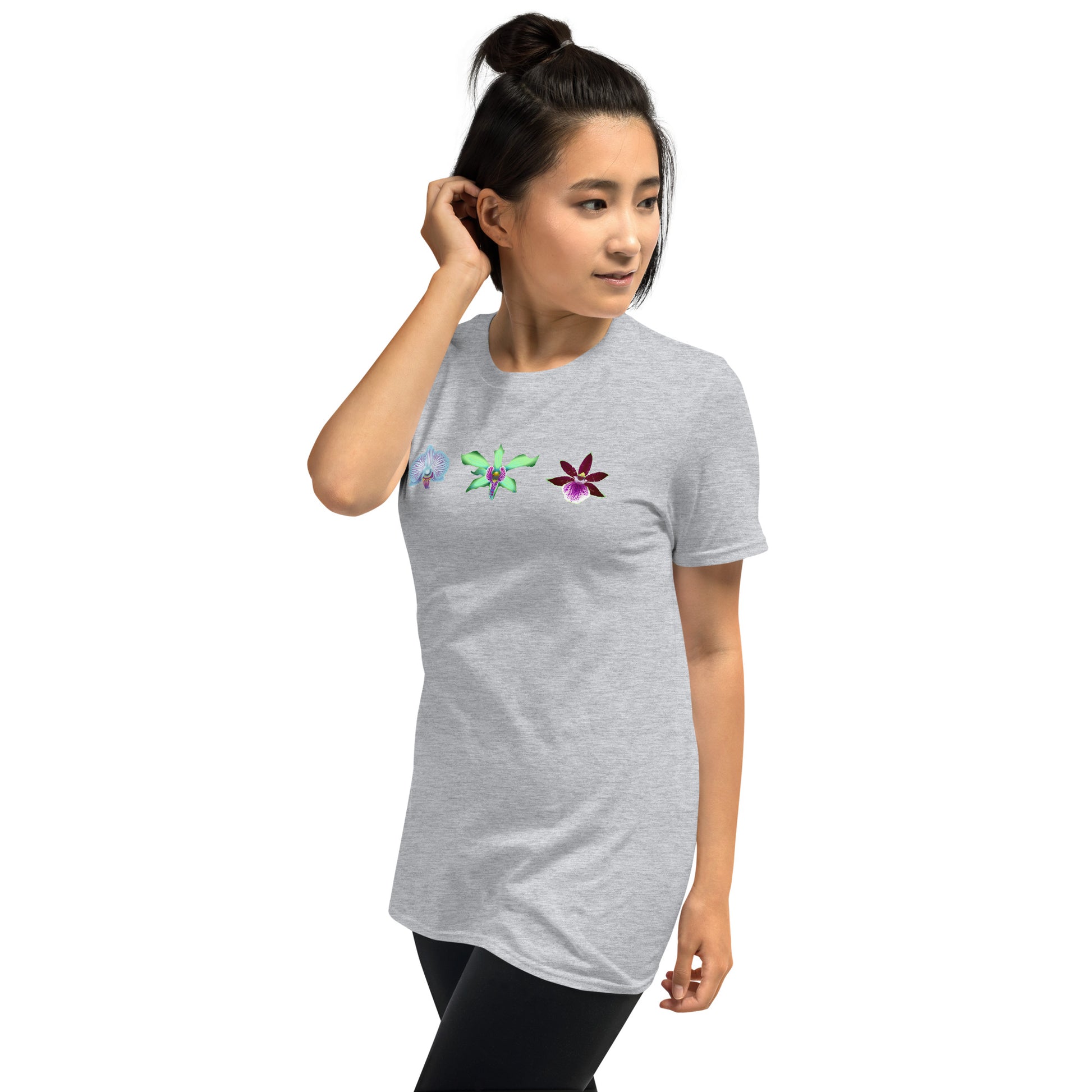 Model wearing the Triple Orchid T-Shirt in sport grey from the right front.
