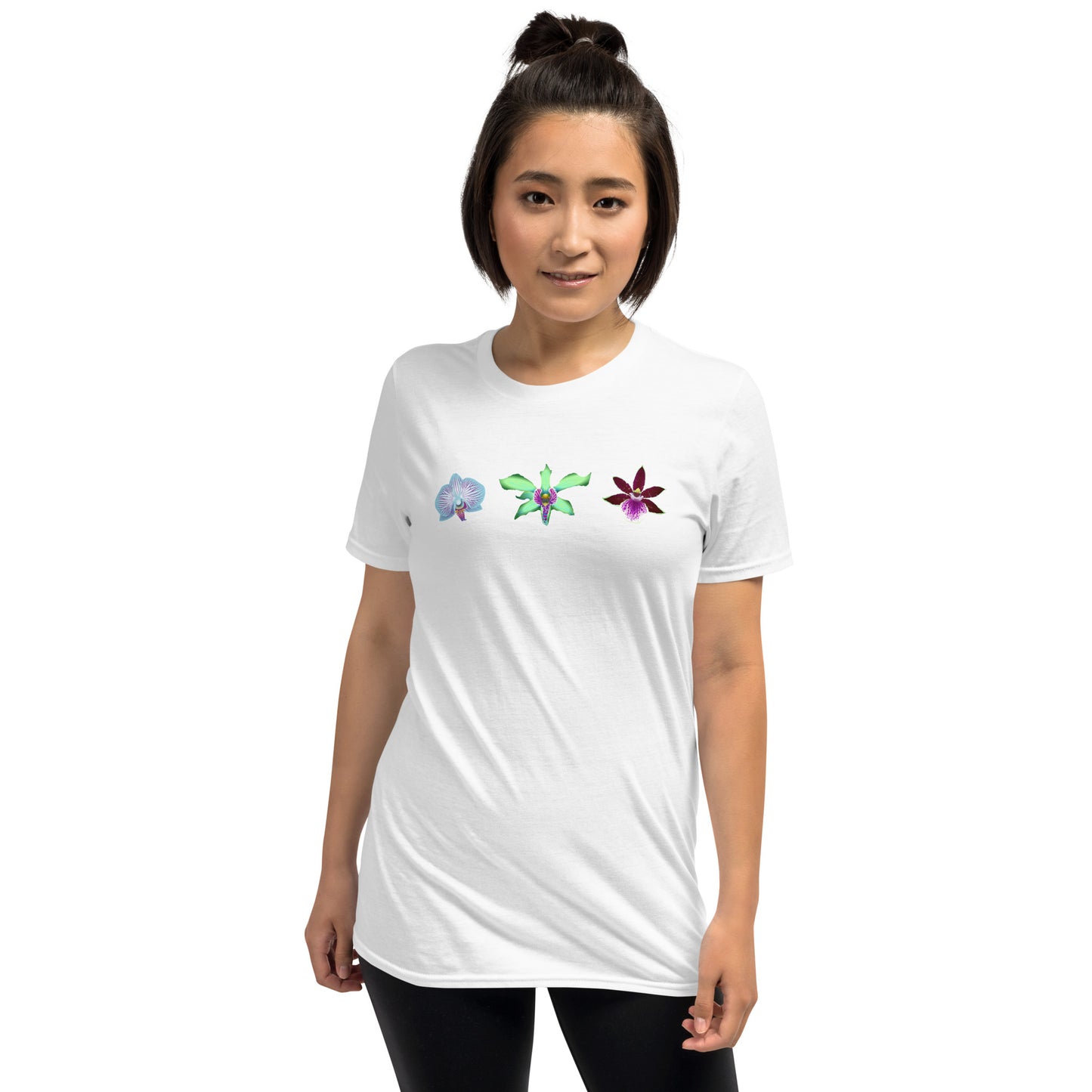 Model wearing the Triple Orchid T-Shirt in white from the front.