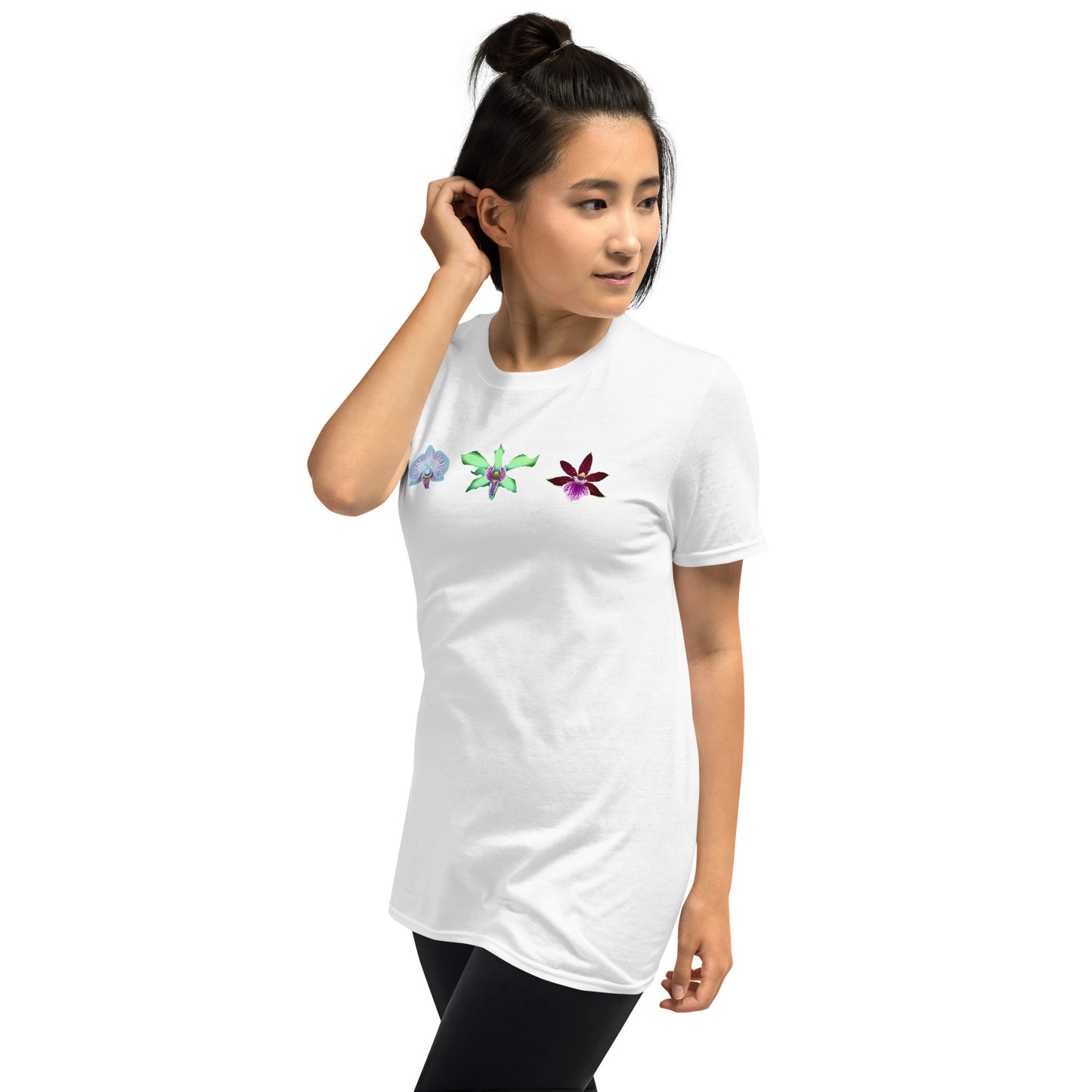 Model wearing the Triple Orchid T-Shirt in white from the right front.