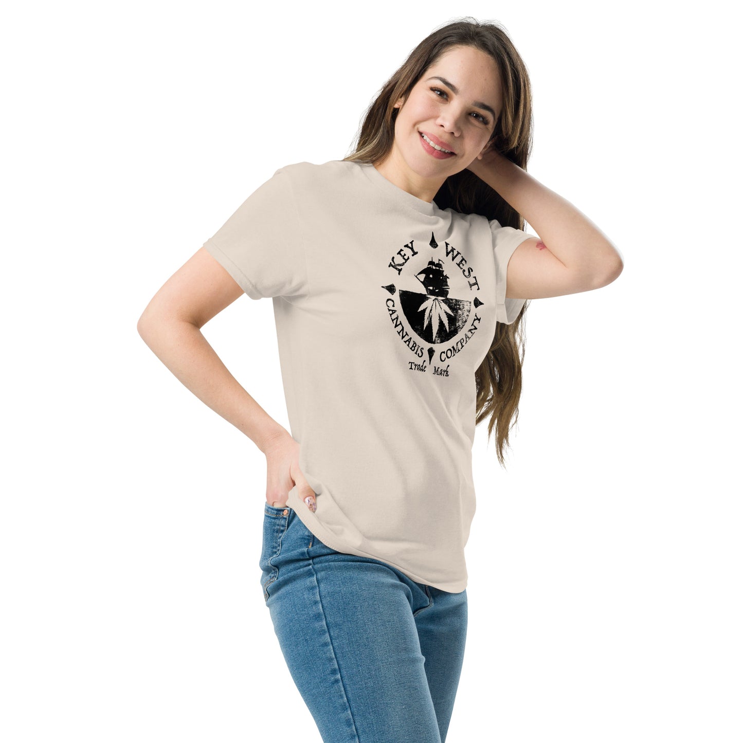 Woman modeling the Key West Cannabis Company Brand graphic in black on a Natural Color T-shirt from the right front.