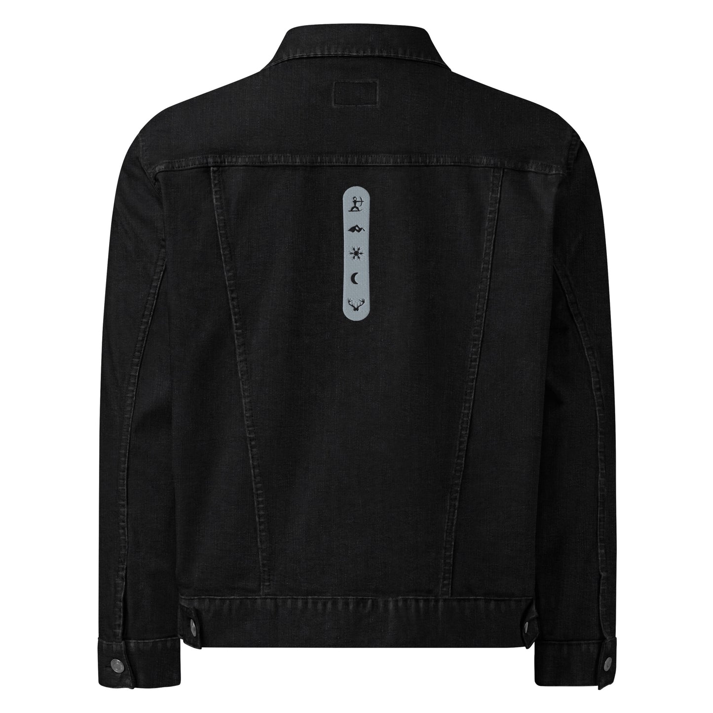 House Ullr Unisex Denim Jacket from the back in black Denim showing House Story embroidery.