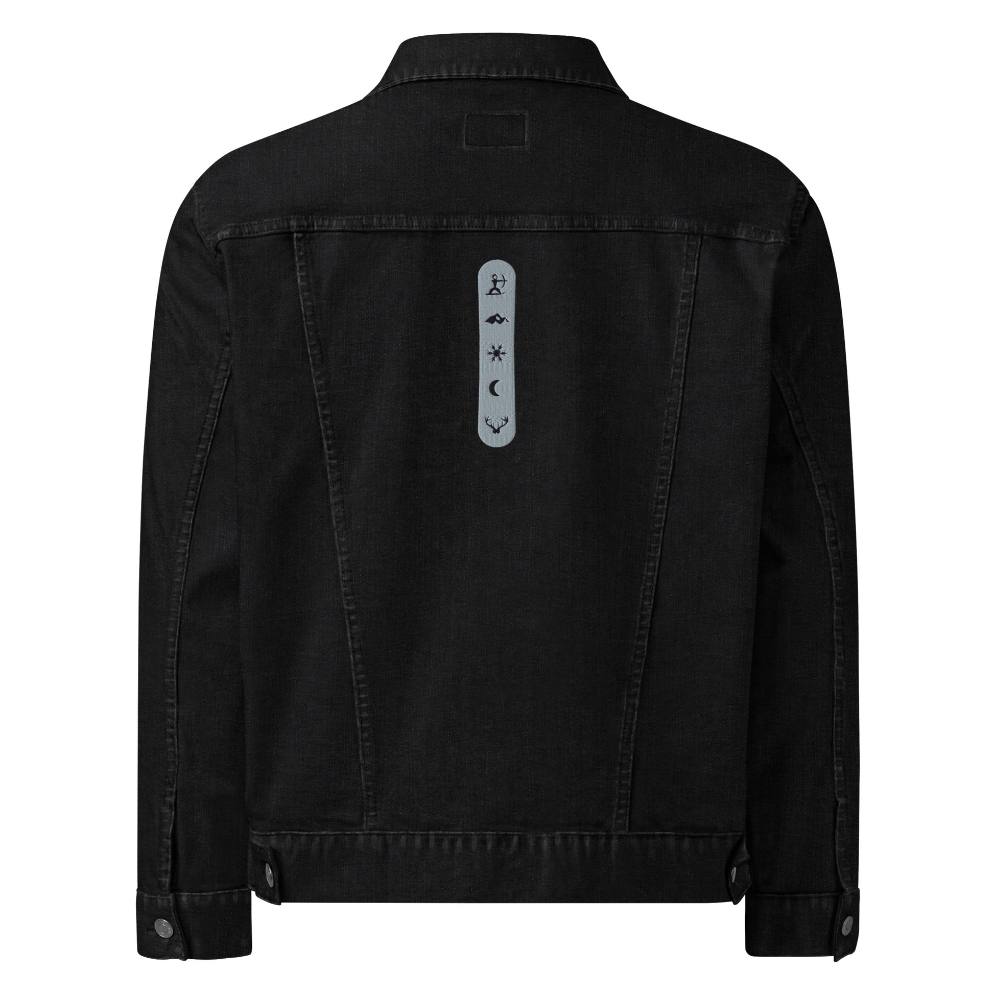 House Ullr Unisex Denim Jacket from the back in black Denim showing House Story embroidery.