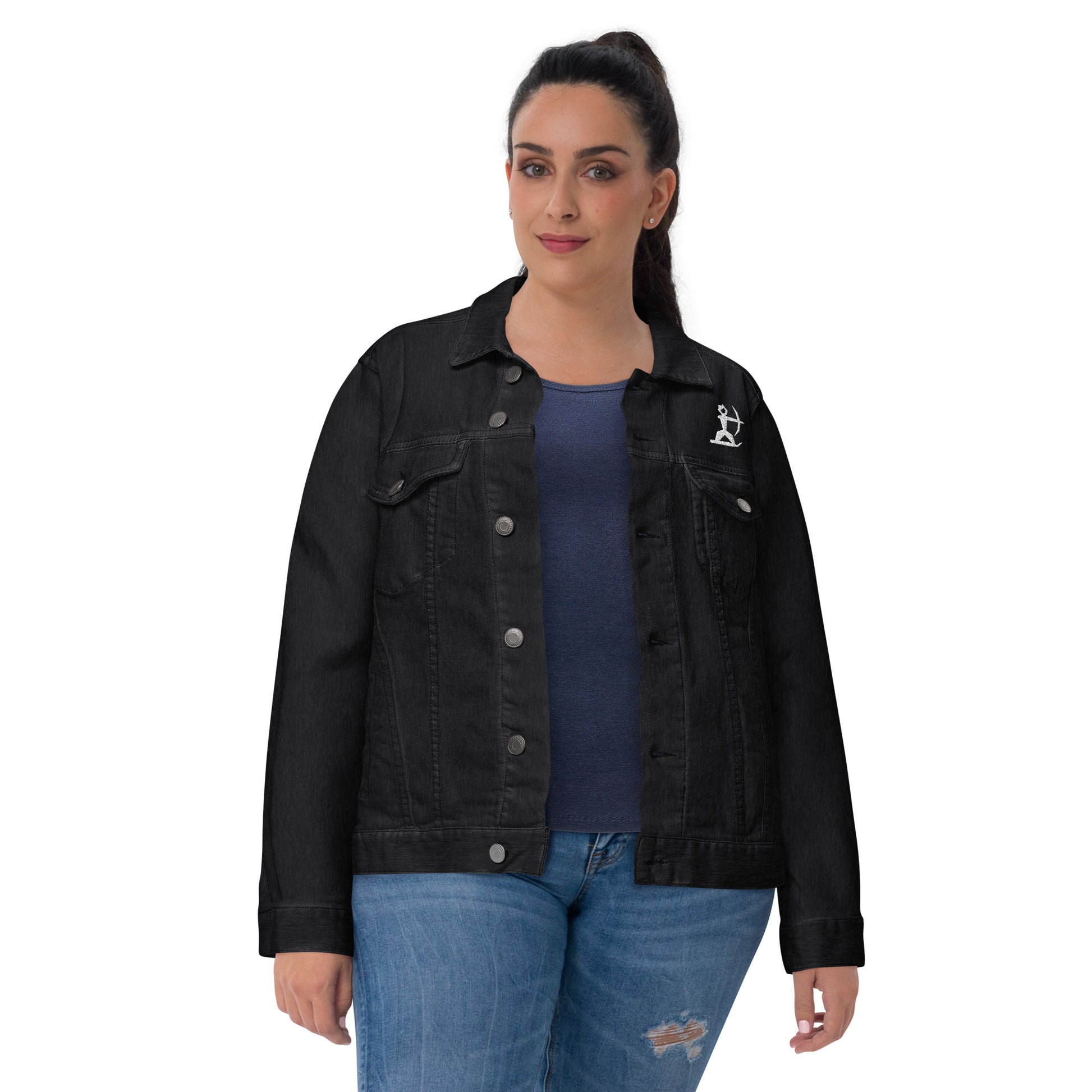 Female plus size Model wearing House Ullr Unisex Denim Jacket from the front in black Denim.