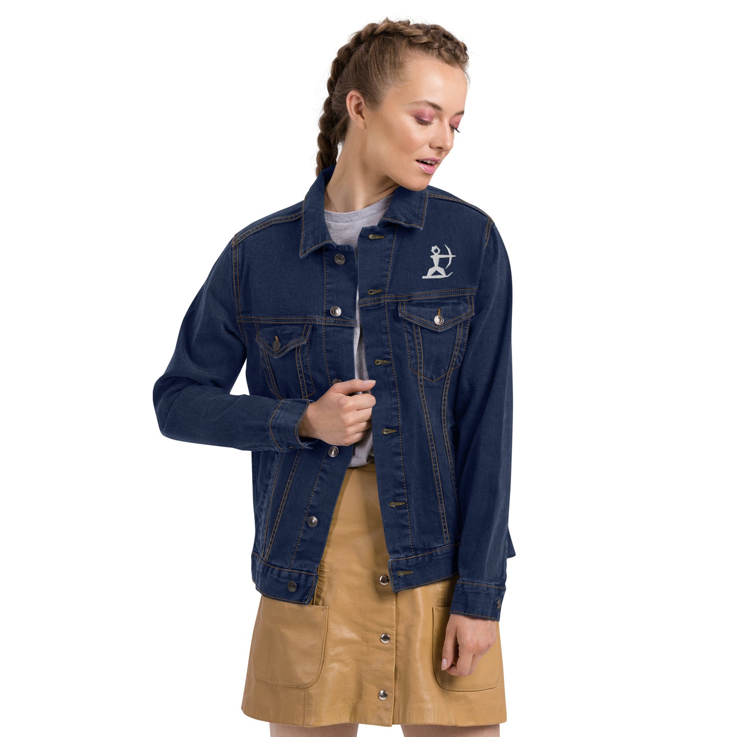 Female Model wearing House Ullr Unisex Denim Jacket from the front in blue Denim.