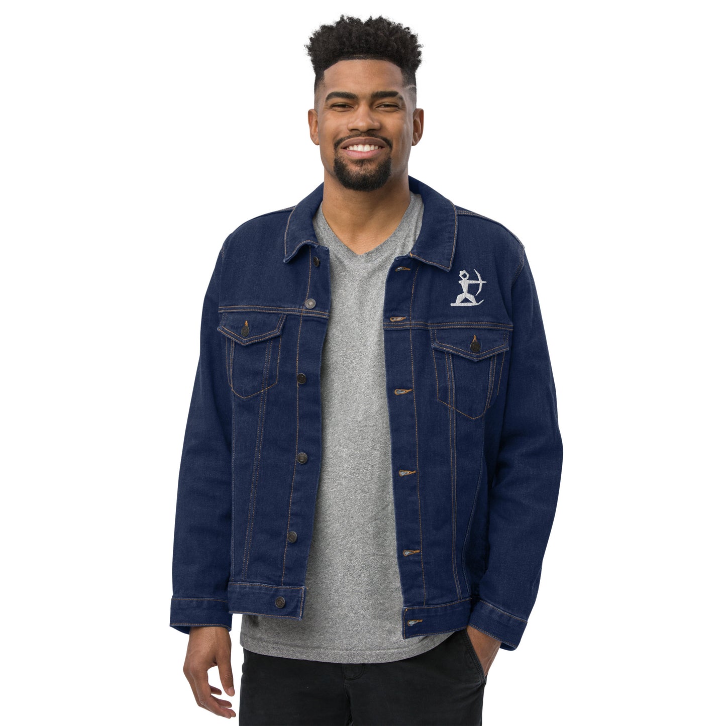 Smiling Male Model wearing House Ullr Unisex Denim Jacket from the front in blue Denim.