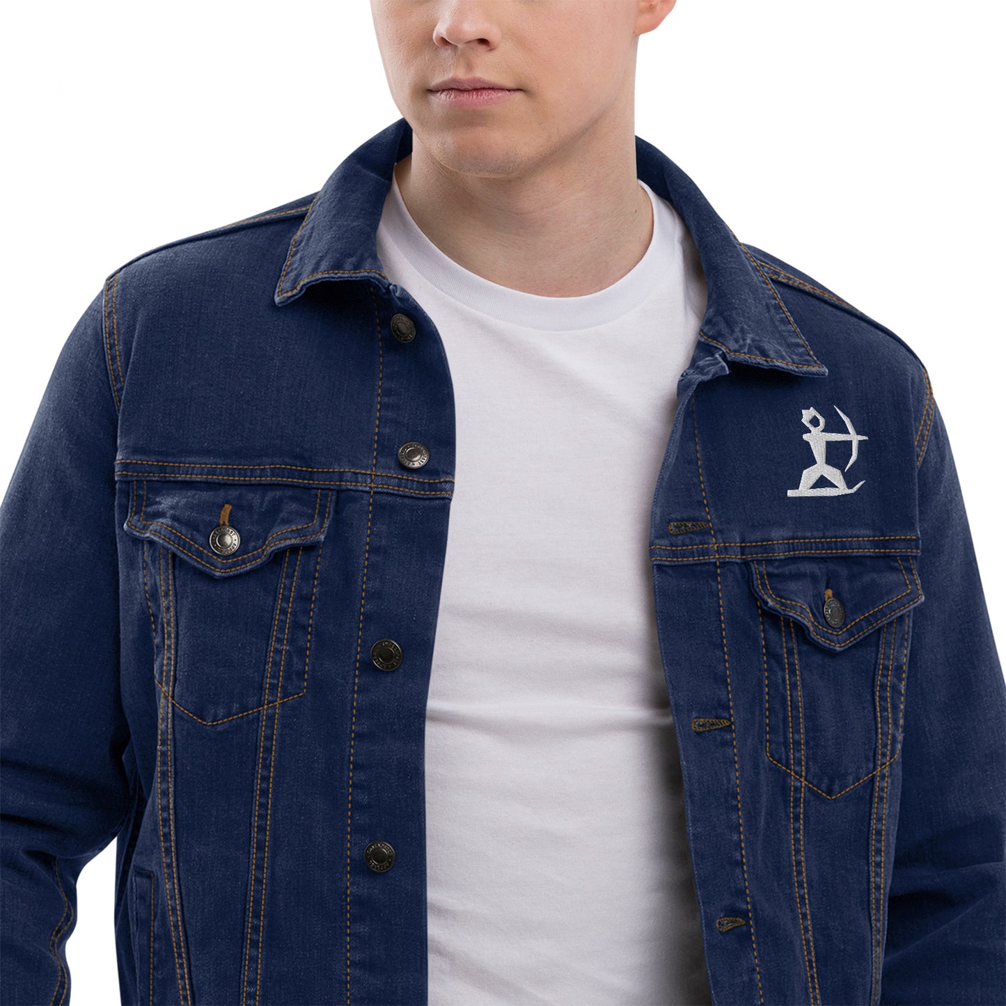 Close up of Model wearing House Ullr Unisex Denim Jacket from the front in blue Denim.