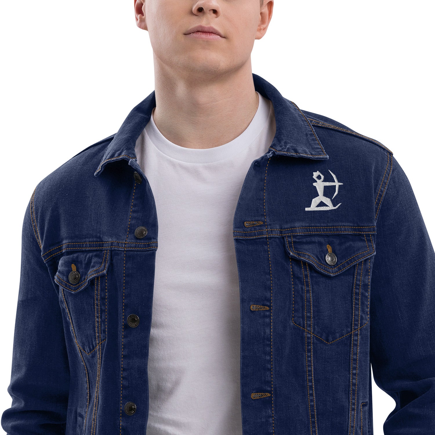 Close up of Model wearing House Ullr Unisex Denim Jacket from the front in blue Denim.
