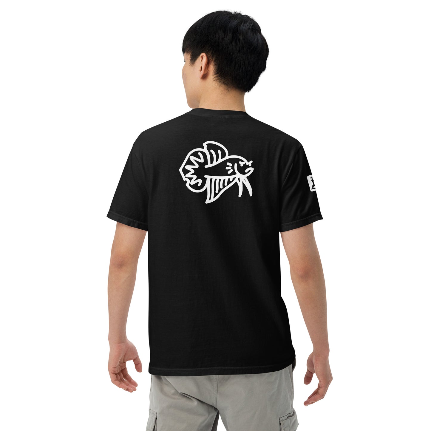 Male Model wearing the black Betta Si fighting fish T-Shirt from the back showing the bad betta character illustration.