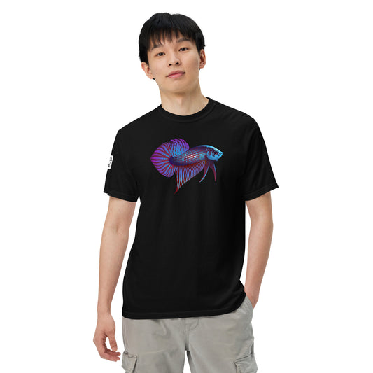 Male Model wearing the Betta Si fighting fish T-Shirt in Blues, reds, and purples from the front.