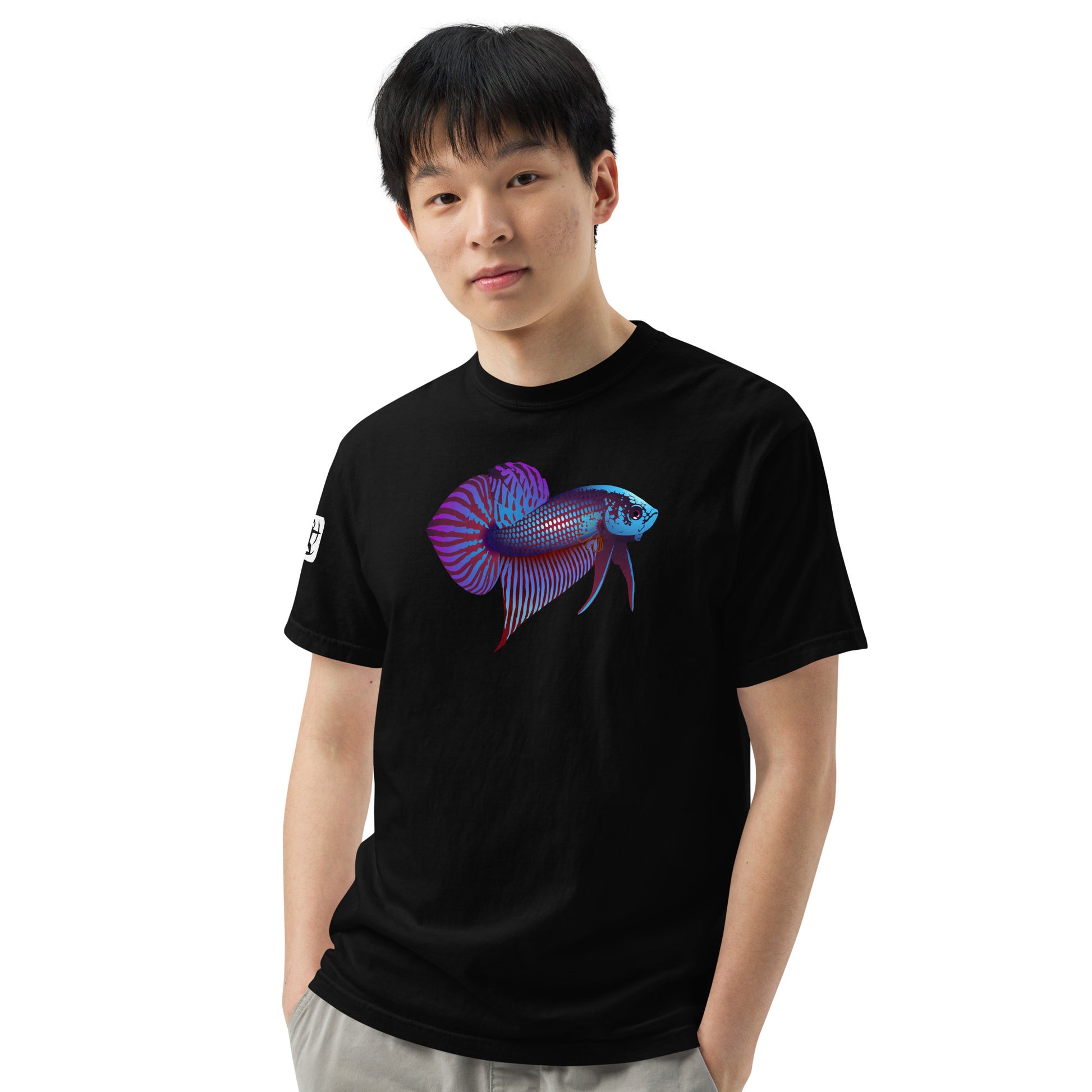 Male Model wearing the Betta Si fighting fish T-Shirt in Blues, reds, and purples from the front.
