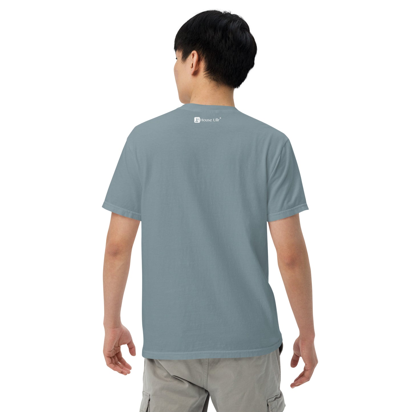 Man Modeling the House Ullr graphic in white on a ice-blue t-shirt from the back.