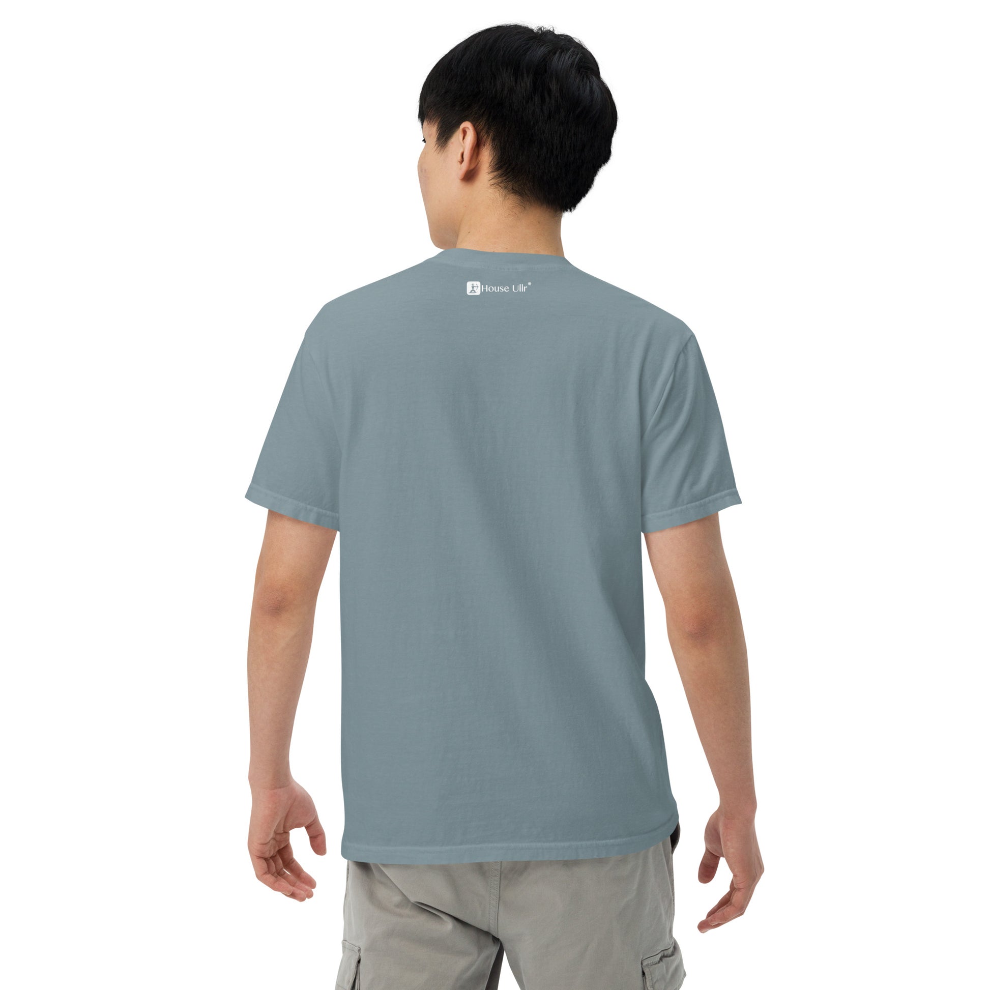 Man Modeling the House Ullr graphic in white on a ice-blue t-shirt from the back.